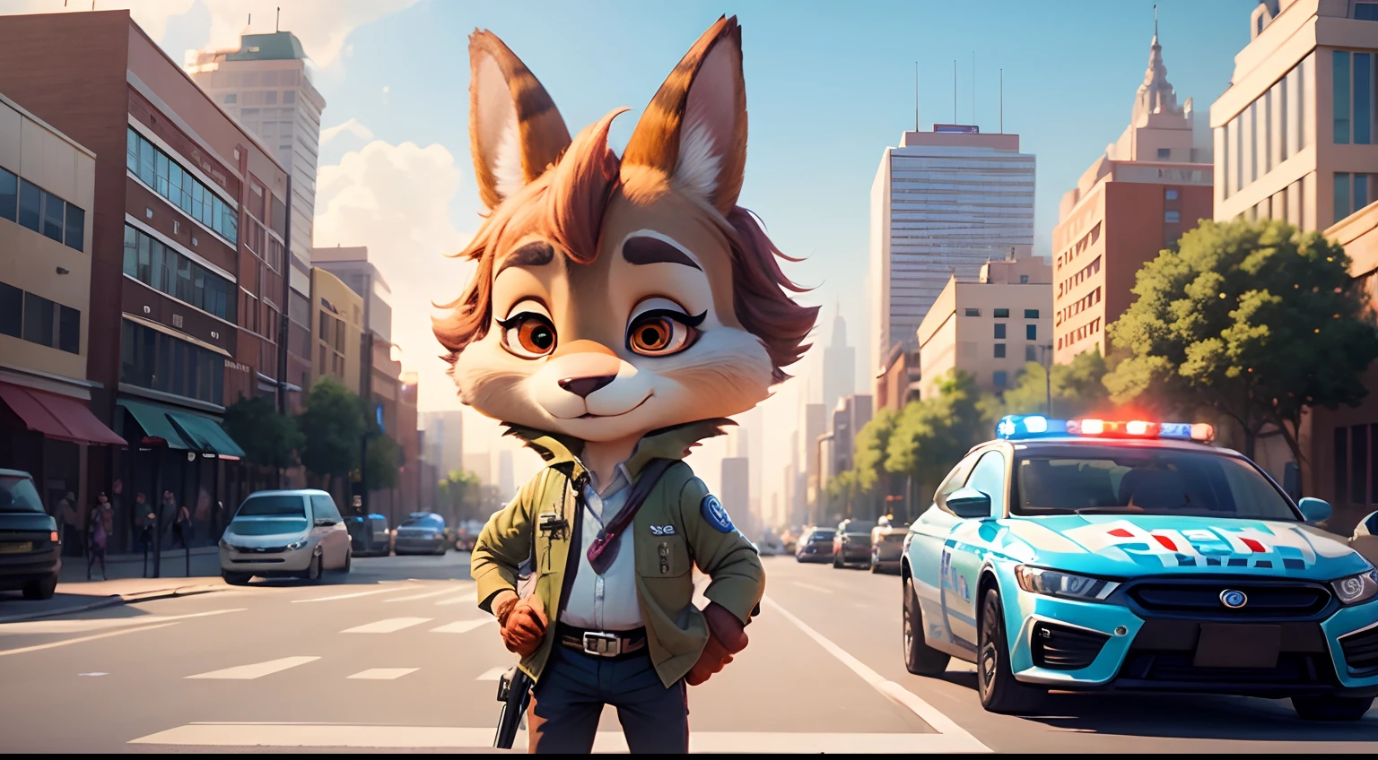 Semi-realistic, fur, high quality, Fox McCloud in leather [male], solo, cropped leather jacket with stomach exposed, peach fur with cream accents, peach fur pattern, fit and lean body, high resolution, tight leather pants, side view, leaning forward, cute butt, looking at city ruins, sunny, afternoon, clear sky, flourishing 1950s city, seductive look, cars on the road