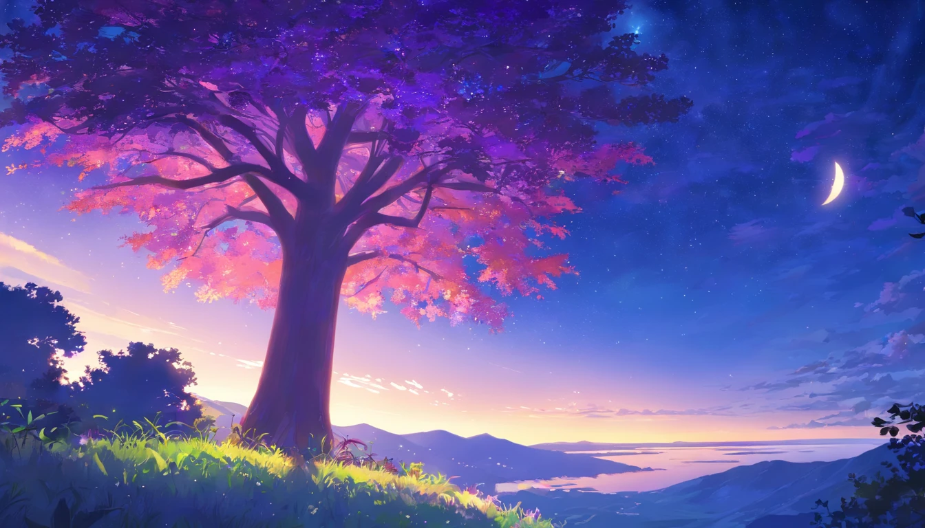 tree, night, deep blue, purple, violet, vight sky, moon, stars, shadows, vegetation, violet bushes, magic, silver light, mistery, dream, adventure, secret, wonder, masterpiece, best quality, movie still, bright, happy, warm soft lighting, (sparks:0.7)