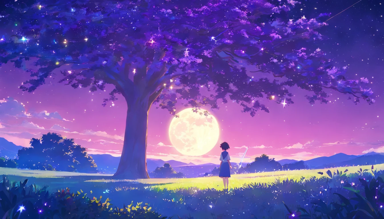 tree, night, deep blue, purple, violet, vight sky, moon, stars, shadows, vegetation, violet bushes, magic, silver light, mistery, dream, adventure, secret, wonder, masterpiece, best quality, movie still, bright, happy, warm soft lighting, (sparks:0.7)
