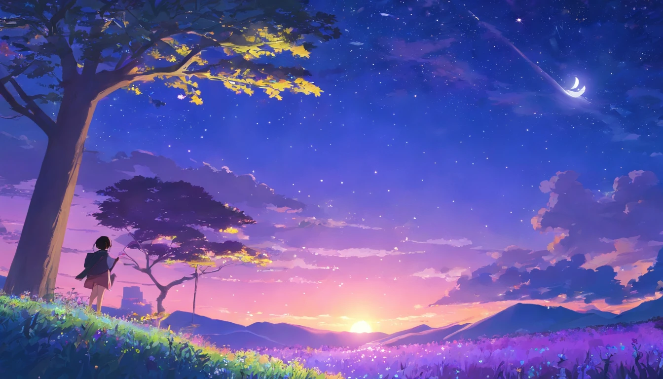 tree, night, deep blue, purple, violet, vight sky, moon, stars, shadows, vegetation, violet bushes, magic, silver light, mistery, dream, adventure, secret, wonder, masterpiece, best quality, movie still, bright, happy, warm soft lighting, (sparks:0.7)