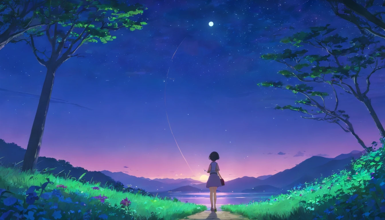 tree, night, deep blue, purple, violet, vight sky, moon, stars, shadows, vegetation, violet bushes, magic, silver light, mistery, dream, adventure, secret, wonder, masterpiece, best quality, movie still, bright, happy, warm soft lighting, (sparks:0.7)