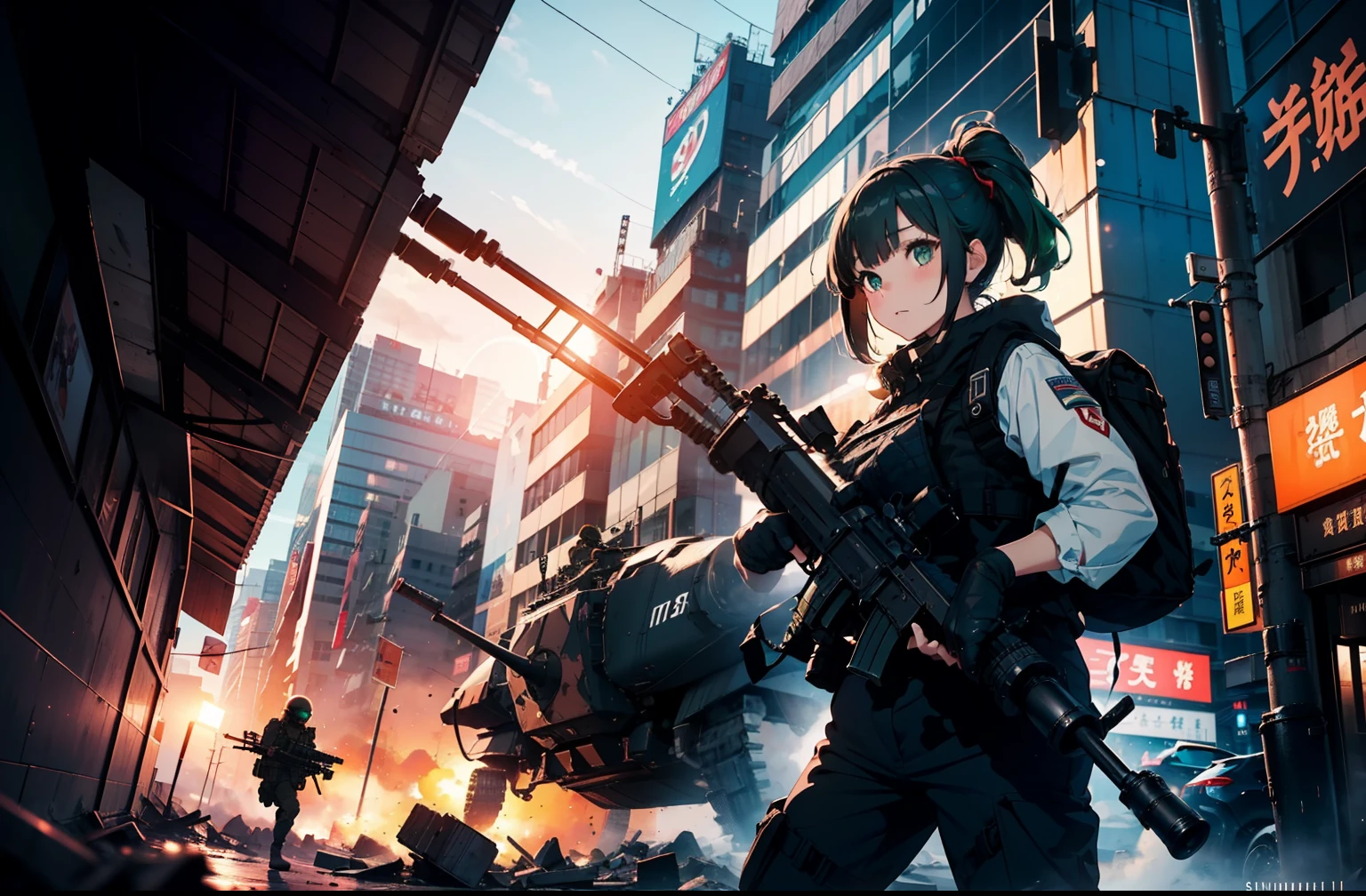 (One girl soldier sniping a giant military robot with a Lahti L-39 anti-tank gun)、long eyelasher,Blushlush,((masterpiece、top-quality、extremely details CG、16 K、Cinematographic lighting、lensflare))、Black combat uniform、Wide View、thick body、 Photorealsitic:1.4、long Brond Hair、green colored eyes、Have multiple weapons、Precision 1.Aim 4、Lahti L-39 anti-tank gun、direct light、Photographing rubble with a depth of field of 35 mm、F/1.Night footage with 8 lens flares、((Shinjuku at night where five special forces SWAT fight))、(Sniping with anti-tank rifles)、From Side、nffsw、Hyper Detailed、The wreckage of a giant robot、(wide-angle lens)、What I see