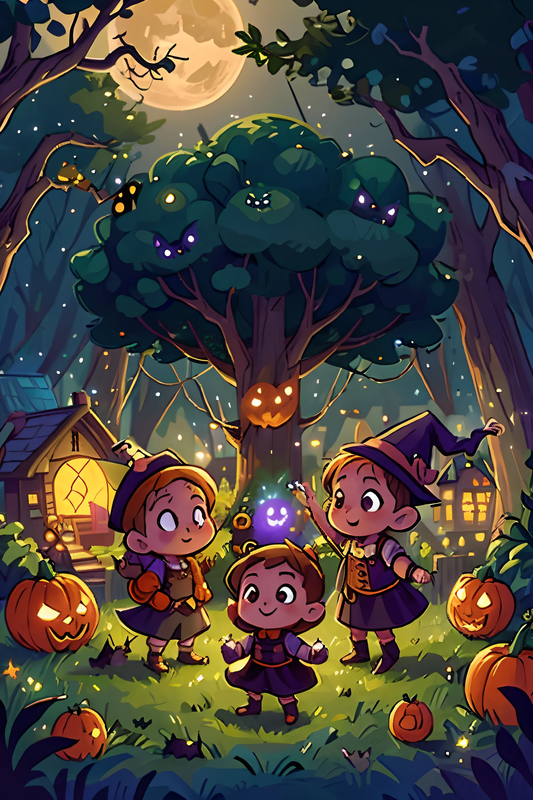 draw a group of very cute young witches and some cute gnomes dancing around some Halloween pumpkins. Starry night, huge full moon, happy characters. Lights of a small village at night, bats and owls and trees