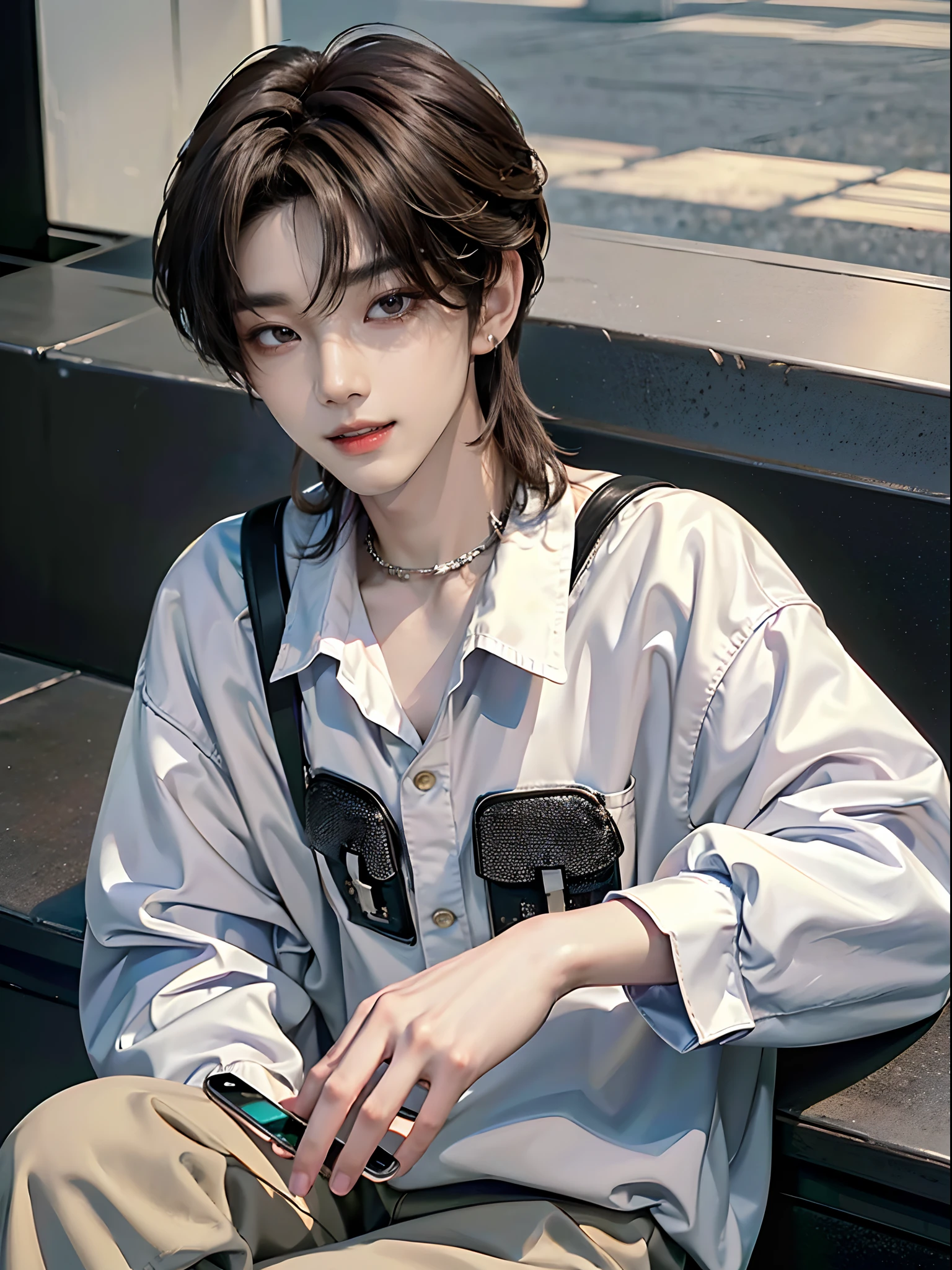 ((4K works))、masterpiece、(top-quality)、((high-level image quality))、((One Manly Boy))、Slim body、((Attractive and sexy fashion))、((Men's Fashion))、((Holding a backpack and iPhone in hand))、(Detailed beautiful eyes)、In a fashionable city、Sitting on the curb and listening to music、Face similar to Chaewon in Ruseraphim、((short hair above the ears))、((Smaller face))、((Neutral face))、((Light brown eyes))、((Korean boy))、((18year old))、((Handsome man))、((Teeth and smile expression))、((Korean Makeup))、((elongated and sharp eyes))、((photo of a model))、((Like a celebrity))、Professional Photos、((Shot alone))、((Sitting on the curb and listening to music through headphones))、((He sits in front of the viewer))、((Shot diagonally up from the front))、((Upper body photography))、((Hold your iPhone in your hands、Look at your iPhone screen))