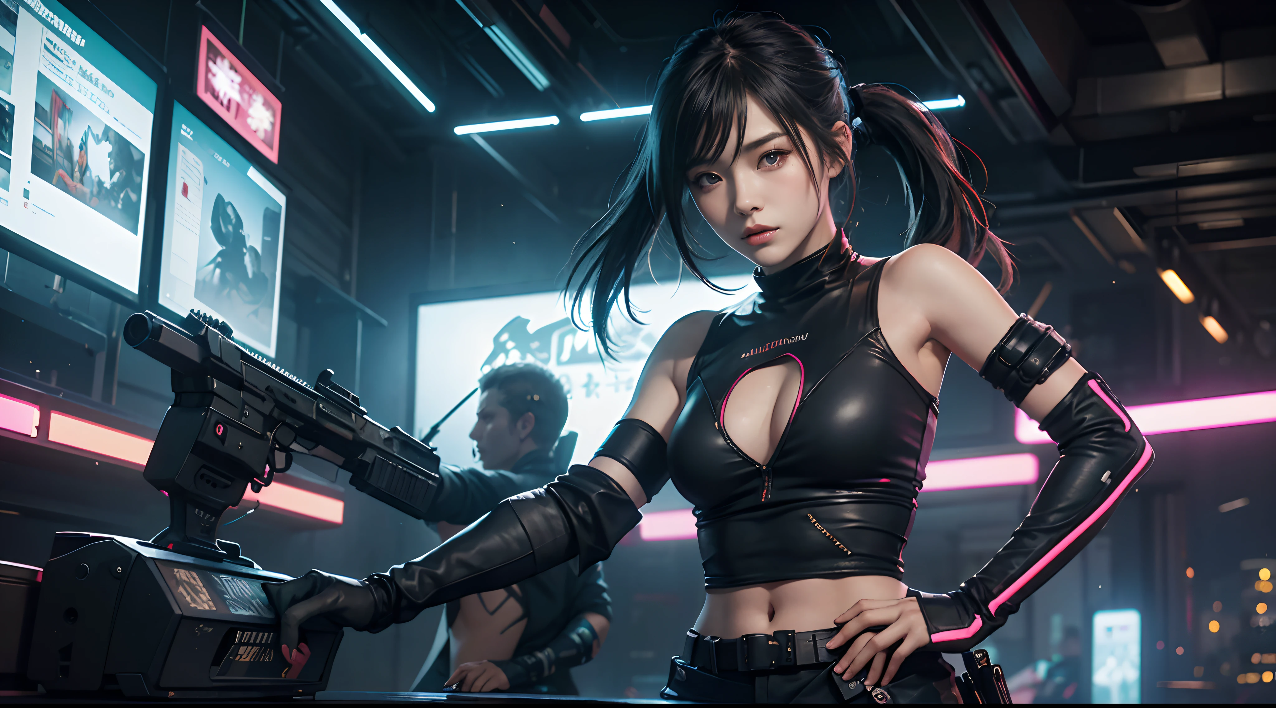 Beautiful hyper-realistic photo of a cute Asian cyberpunk girl, Tragen von Cyberpunk-Tanktop und Oberschenkelhose, Katana halten, bunter neonhintergrund, cluttered Blade Runner background, Dynamische Pose, Konzeptzeichnung, von Brian Froud und Carne Griffiths und Wadim Kashin und John William Waterhouse, Komplizierte Details, 8K-Postproduktion, high resolution, Super detailliert, Auf ArtStation im Trend, Scharfer Fokus, Studio-Fotos, Komplizierte Details, Depth of field, f/2.8, Filmische Ausleuchtung, Dunkle Schatten.