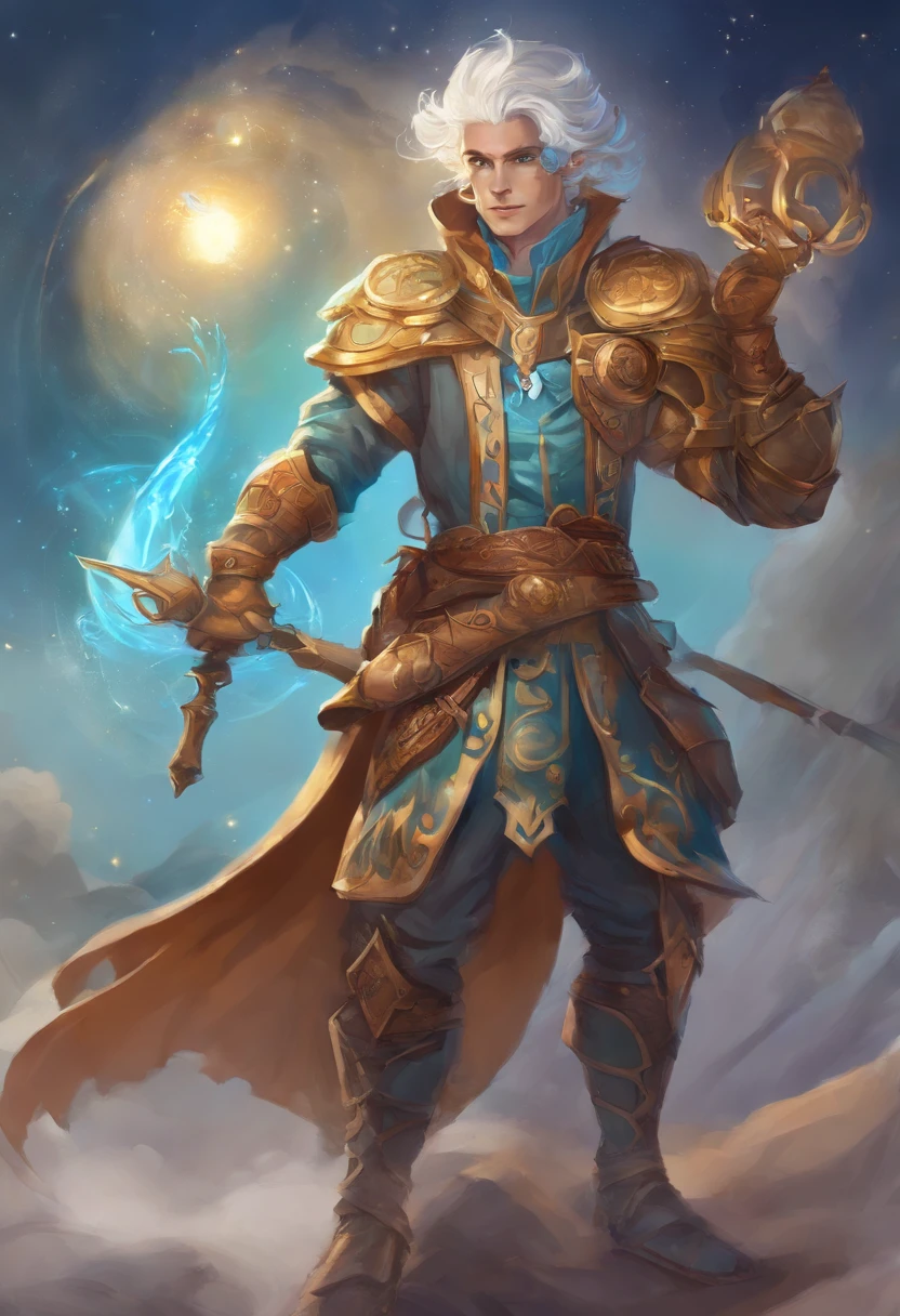 Create an illustration of a male Air Genasi character with light blue skin and white hair. The hair should be faded on the sides and resemble clouds, while the top should be curly. He is dressed in a finely detailed leather armor and wears steam punk goggles attached to a stripe hanging from his neck like a necklace. The character is an arcane trickster inventor and a self-proclaimed spy. Capture his mischievous and adventurous spirit in the image, showcasing his magical abilities and inventive nature.