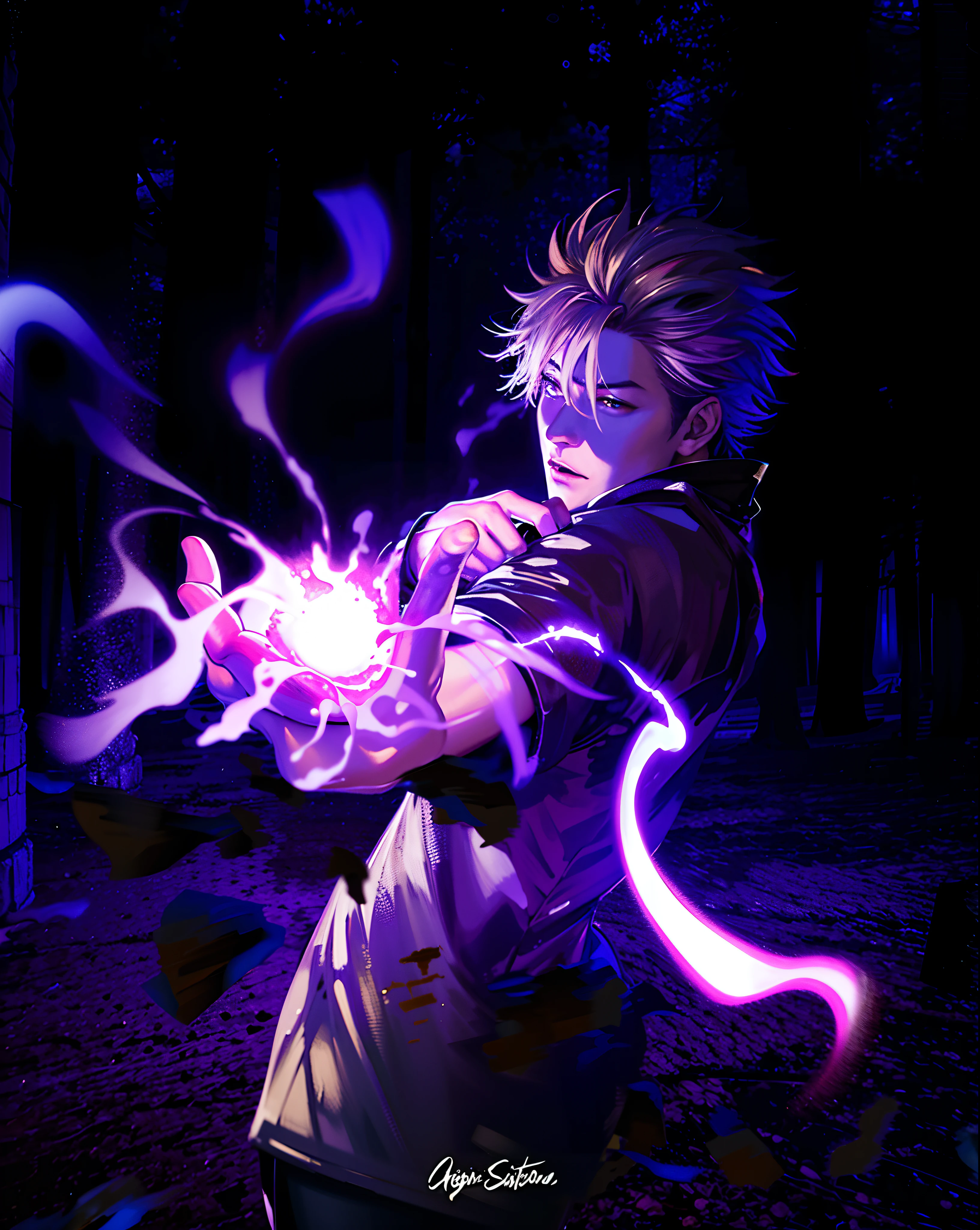 ((Best quality)), ((masterpiece)), ((realistic)), depict Satoru Gojou in his black outfit, with his vibrant blue eyes shining, engaged in a fierce battle amidst an urban cityscape at dusk. The scene should be filled with intense action and dynamic energy, showcasing the power and skill of the character. The lighting should be dramatic, with vibrant neon lights illuminating the surroundings. The artwork should be created in the style of manga, specifically inspired by the works of Hokusai. Utilize digital painting as the medium to capture the intricate details and convey the intensity of the scene. The artwork should be dynamic and action-packed, with a color scheme that includes vibrant blues, purples, and oranges. Employ cel-shaded 3D computer graphics to add depth and a unique visual style to the composition. Ensure the artwork is of high quality, with a focus on achieving a realistic portrayal of the character and his surroundings. The final result should be a scenic masterpiece that captures the essence of the intense battle featuring Satoru Gojou.