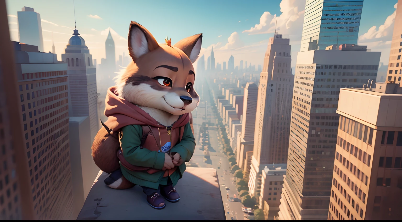 thumbnail, Zootopia, , style Zootopia movie, animation, city, horizon, bear with red eyes with king, animation