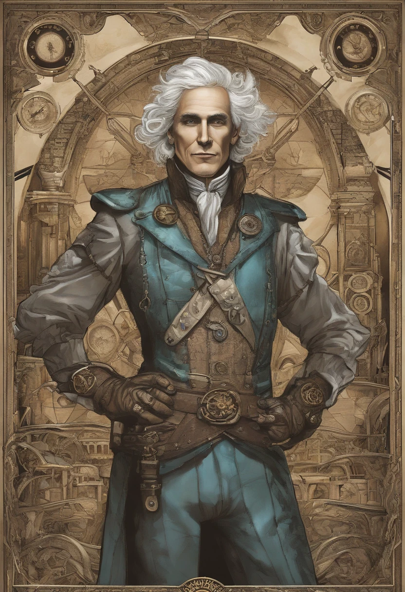 Create an illustration of a male Air Genasi character with light blue skin and white hair. The hair should be faded on the sides and resemble clouds, while the top should be curly. He is dressed in a finely detailed leather armor and wears steam punk goggles attached to a stripe hanging from his neck like a necklace. The character is an arcane trickster inventor and a self-proclaimed spy. Capture his mischievous and adventurous spirit in the image, showcasing his magical abilities and inventive nature.