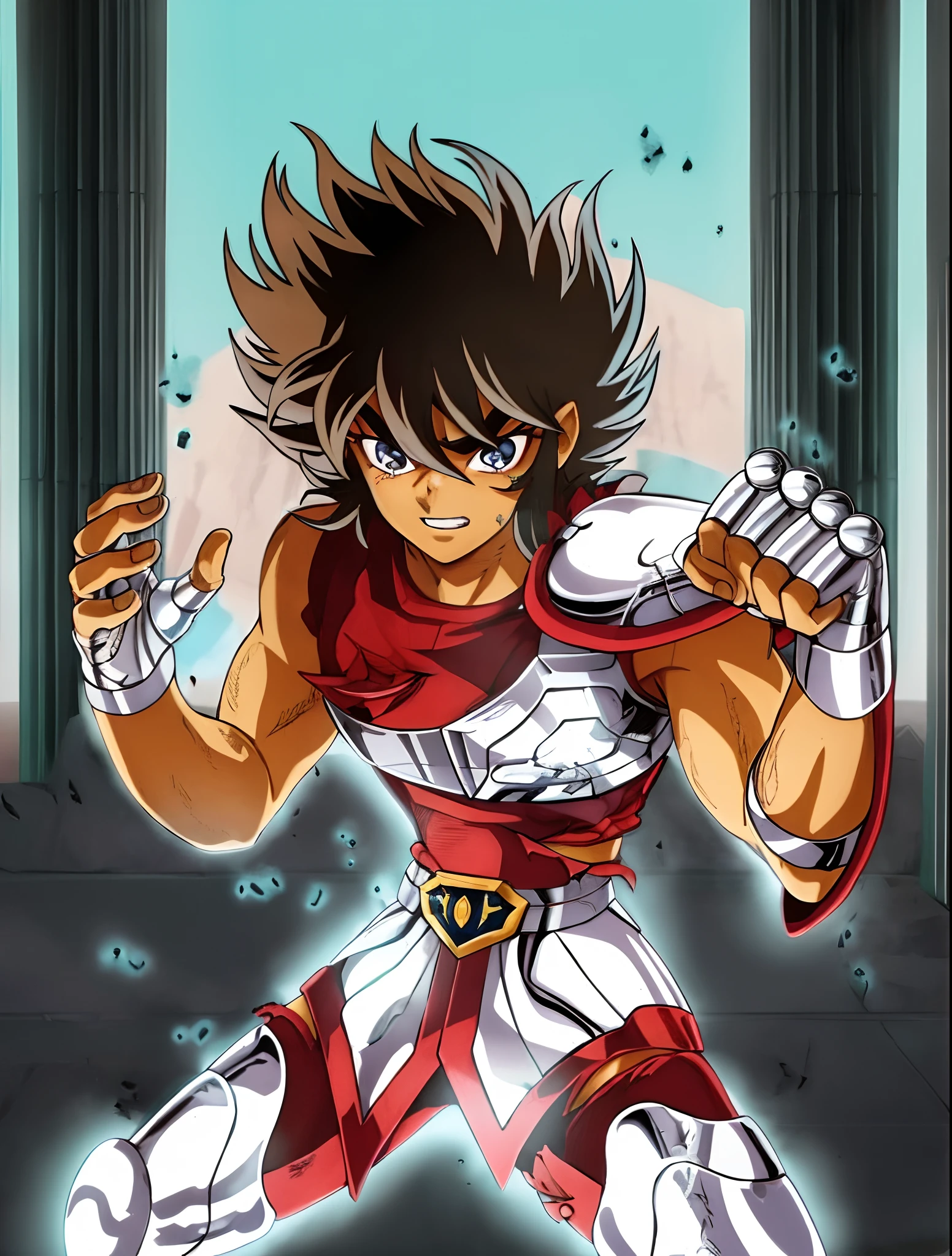 uma imagem real de um jovem adolescente com uma roupa vermelha e branca, Saint Seiya, unreal motor render Sao Seiya, Arte Oficial, joseph joestar, Arte da sede, Deu, arte chave do anime, arte oficial do anime, An epic film by a man of energy, Akira Toriyama, Obra-prima do anime, Deus grego no estilo mecha, Parte Brando, capa de filme, efeitos visuais de tirar o folego, aura azul, extremamente detalhado, 8k. Unreal engine 5