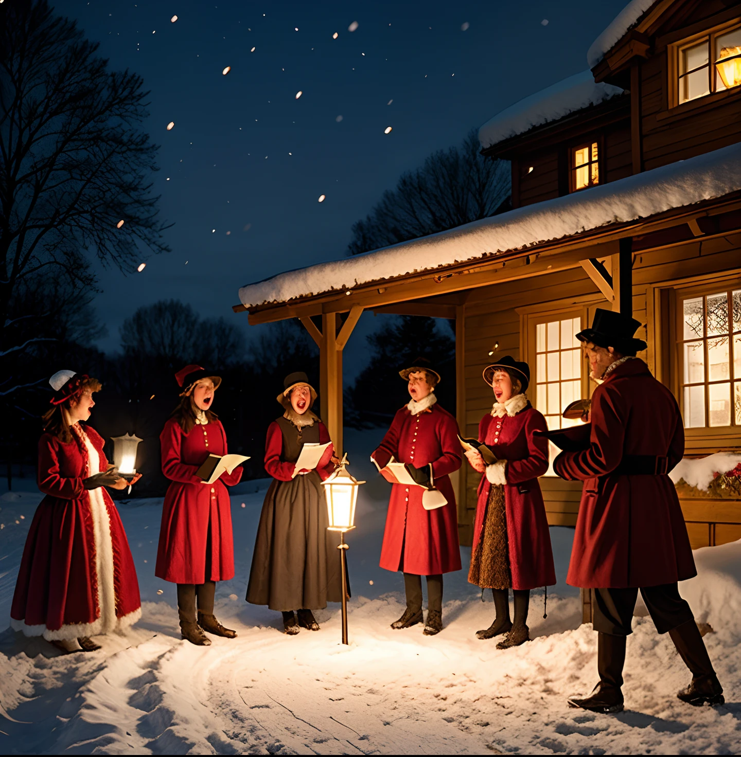 Illustrate a group of carolers singing in the snow, with Victorian-era clothing and glowing lanterns to set the mood.