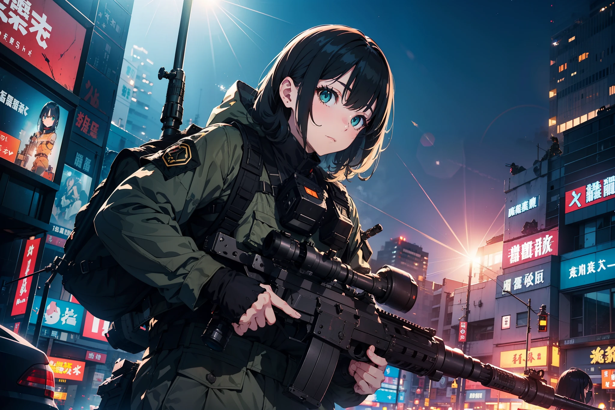 (One girl soldier sniping a giant military robot with a Lahti L-39 anti-tank gun)、long eyelasher,Blushlush,((masterpiece、top-quality、extremely details CG、16 K、Cinematographic lighting、lensflare))、Black combat uniform、Wide View、thick body、 Photorealsitic:1.4、long Brond Hair、green colored eyes、Have multiple weapons、Precision 1.Aim 4、Lahti L-39 anti-tank gun、direct light、Shooting rubble with a depth of field of 35 mm、F/1.Night footage with 8 lens flares、((Shinjuku at night where five special forces SWAT fight))、(Sniping with anti-tank rifles)、From Side、nffsw、Hyper Detailed、The wreckage of a giant robot、(wide-angle lens)、What I see