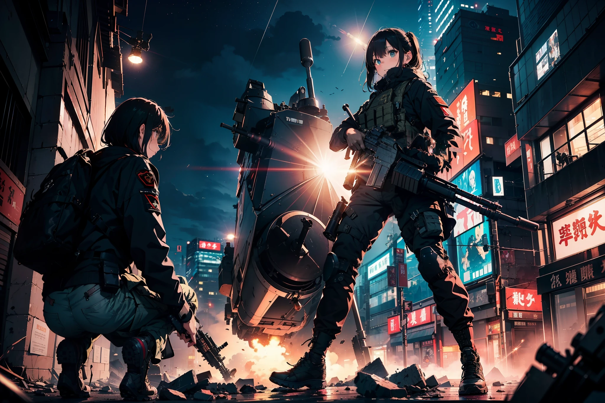 (One girl soldier sniping a giant military robot with a Lahti L-39 anti-tank gun)、long eyelasher,Blushlush,((​masterpiece、top-quality、extremely details CG、16 K、Cinematographic lighting、lensflare))、Black combat uniform、Wide View、thick body、 Photorealsitic:1.4、long Brond Hair、green colored eyes、Have multiple weapons、Precision 1.Aim 4、Lahti L-39 anti-tank gun、direct light、Shooting rubble with a depth of field of 35 mm、F/1.Night footage with 8 lens flares、((Shinjuku at night where five special forces SWAT fight))、(Sniping with anti-tank rifles)、From Side、nffsw、Hyper Detailed、The wreckage of a giant robot、(wide-angle lens)、What I see