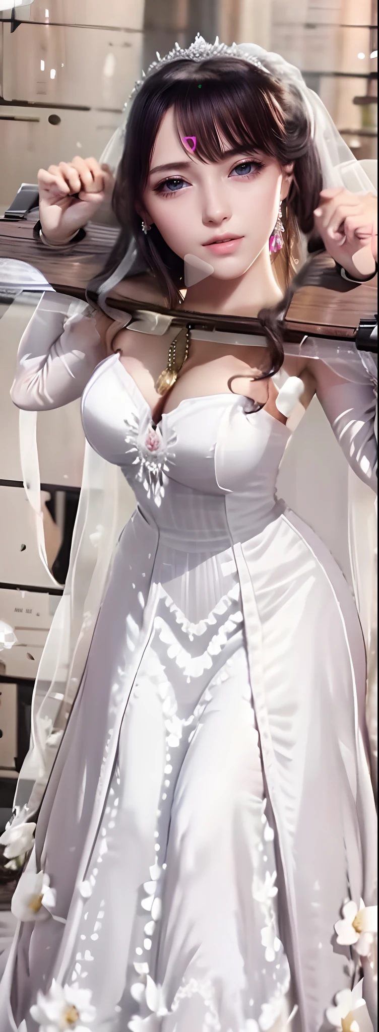 Close-up of a beautiful bride wearing a beautiful wedding dress, Gurwitz,(Pillory:1.5), (flail:1.2), flail on the head, flail on the hands,(bridal veil: 1.5), (transparent short veil: 1.5), flushed face, head flower, tiara, Very detailed princess wedding dress,(tube wedding dress: 1.5), (silk dress: 1.2 ), (strapless wedding dress: 1.5), (floor length skirt:1.2), pure white dress,white long skirt, necklace, earrings, (huge breasts: 1.3), deep V heart-neck wedding dress, bangs, lipstick, (lace gloves: 1.3), high detail RAW Color art,
