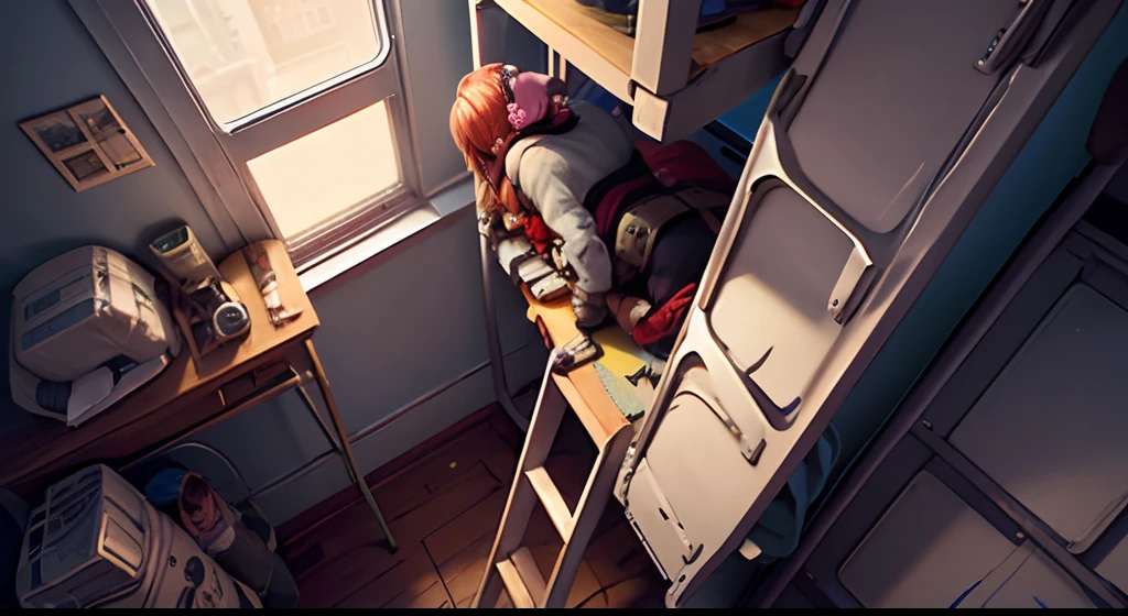 scifi style, A woman is climbing up a ladder to a bunk bed.