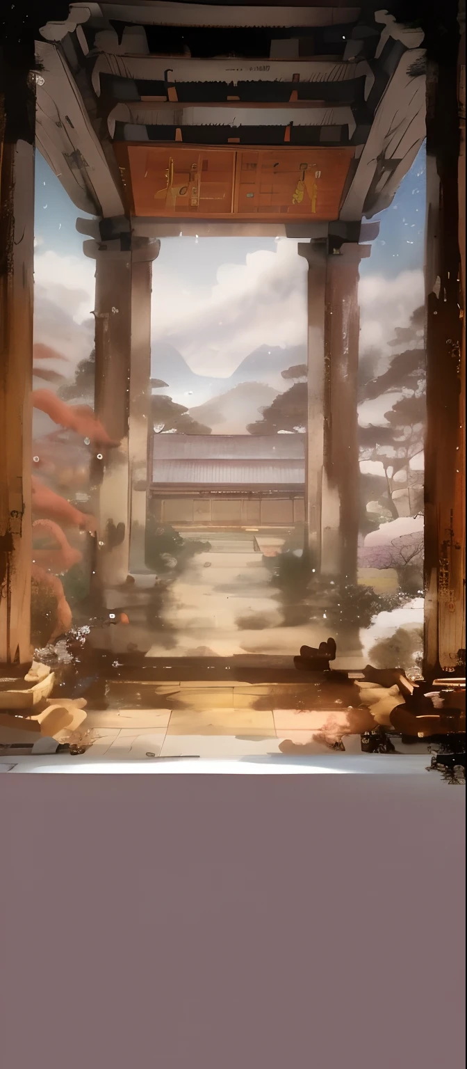 The foreground is the perspective inside the pavilion，The vista is the ancestral hall building，Anime landscape concept art, arte de fundo, mysterious temple setting, anime backgrounds, background artwork, Zen temple background, Anime landscapes, interior background art, Detailed scenery —width 672, library of ruina concept art, ancient ruins background