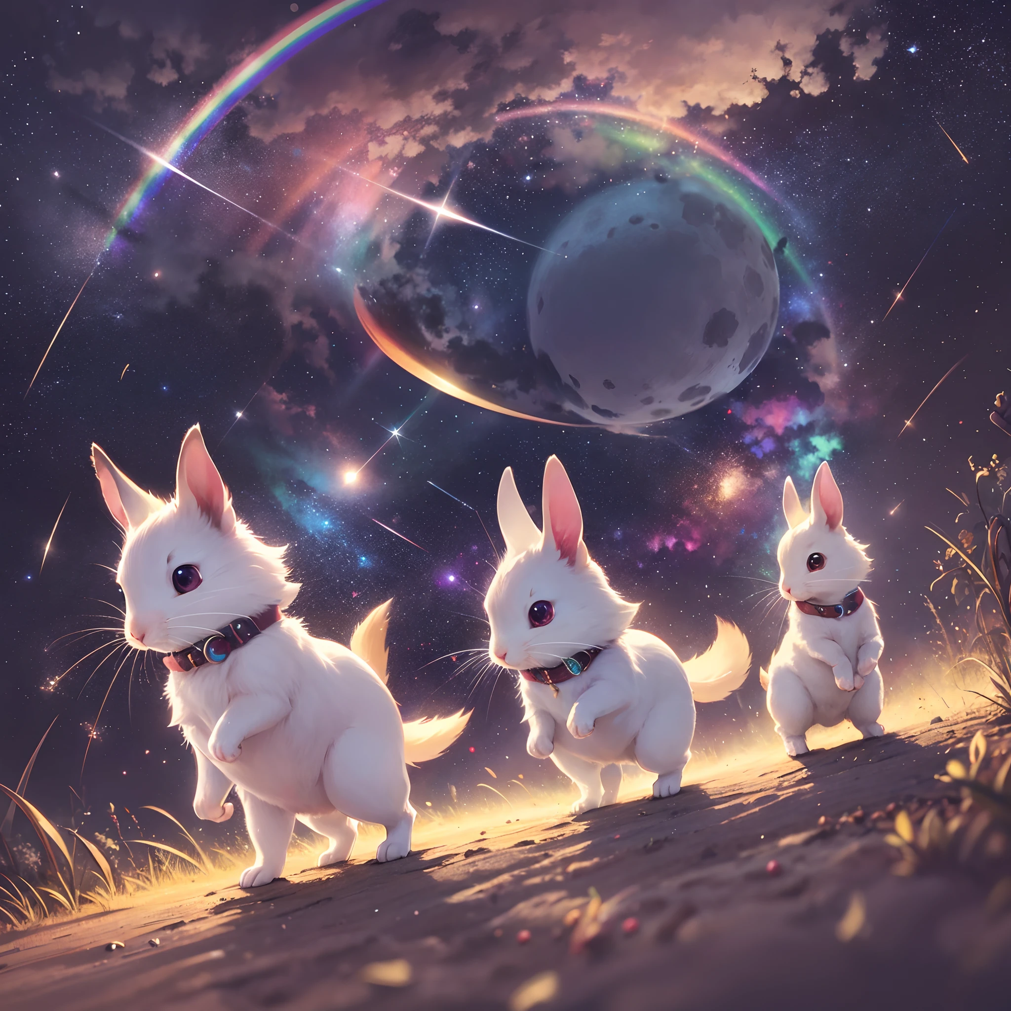 finest image, fantasy, deformed, cute, detailed and delicate depiction, a beautiful big rainbow shining in the night sky, cute small rabbits and squirrels are running around on the rainbow, the background is space, the moon, and shooting stars, professional lighting, anime, manga, illustration