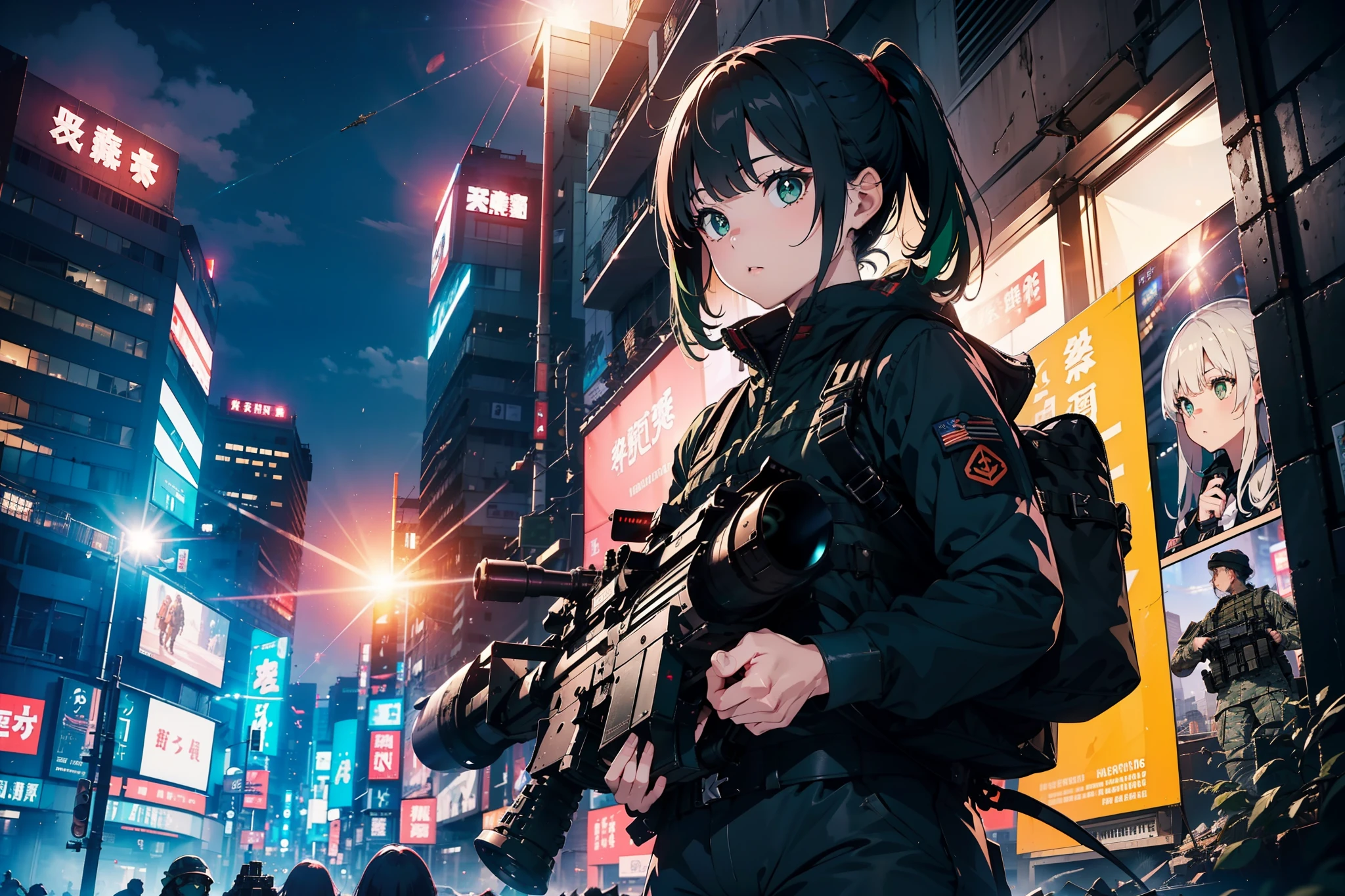 (One girl soldier sniping a giant military robot with a Lahti L-39 anti-tank gun)、long eyelasher,Blushlush,((​masterpiece、top-quality、extremely details CG、16 K、Cinematographic lighting、lensflare))、Black combat uniform、Wide View、thick body、 Photorealsitic:1.4、long Brond Hair、green colored eyes、Have multiple weapons、Precision 1.Aim 4、Lahti L-39 anti-tank gun、direct light、Shooting rubble with a depth of field of 35 mm、F/1.Night footage with 8 lens flares、((Shinjuku at night where five special forces SWAT fight))、(Sniping with anti-tank rifles)、From Side、nffsw、Hyper Detailed、The wreckage of a giant robot、(wide-angle lens)、What I see