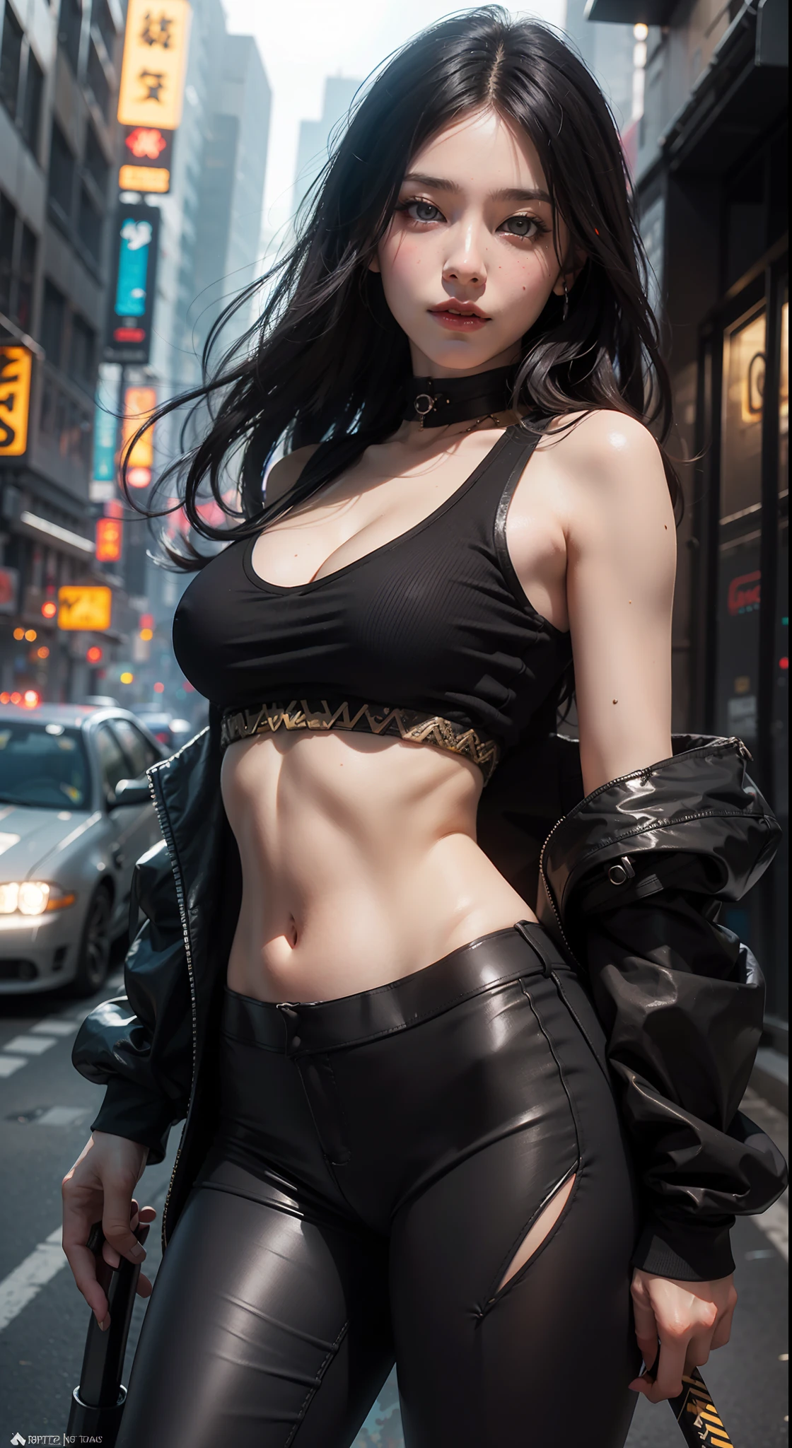 Beautiful hyper-realistic photo of a cute Asian cyberpunk girl, Tragen von Cyberpunk-Tanktop und Oberschenkelhose, Katana halten, bunter neonhintergrund, cluttered Blade Runner background, Dynamische Pose, Konzeptzeichnung, von Brian Froud und Carne Griffiths und Wadim Kashin und John William Waterhouse, Komplizierte Details, 8K-Postproduktion, high resolution, Super detailliert, Auf ArtStation im Trend, Scharfer Fokus, Studio-Fotos, Komplizierte Details, Depth of field, f/2.8, Filmische Ausleuchtung, Dunkle Schatten.