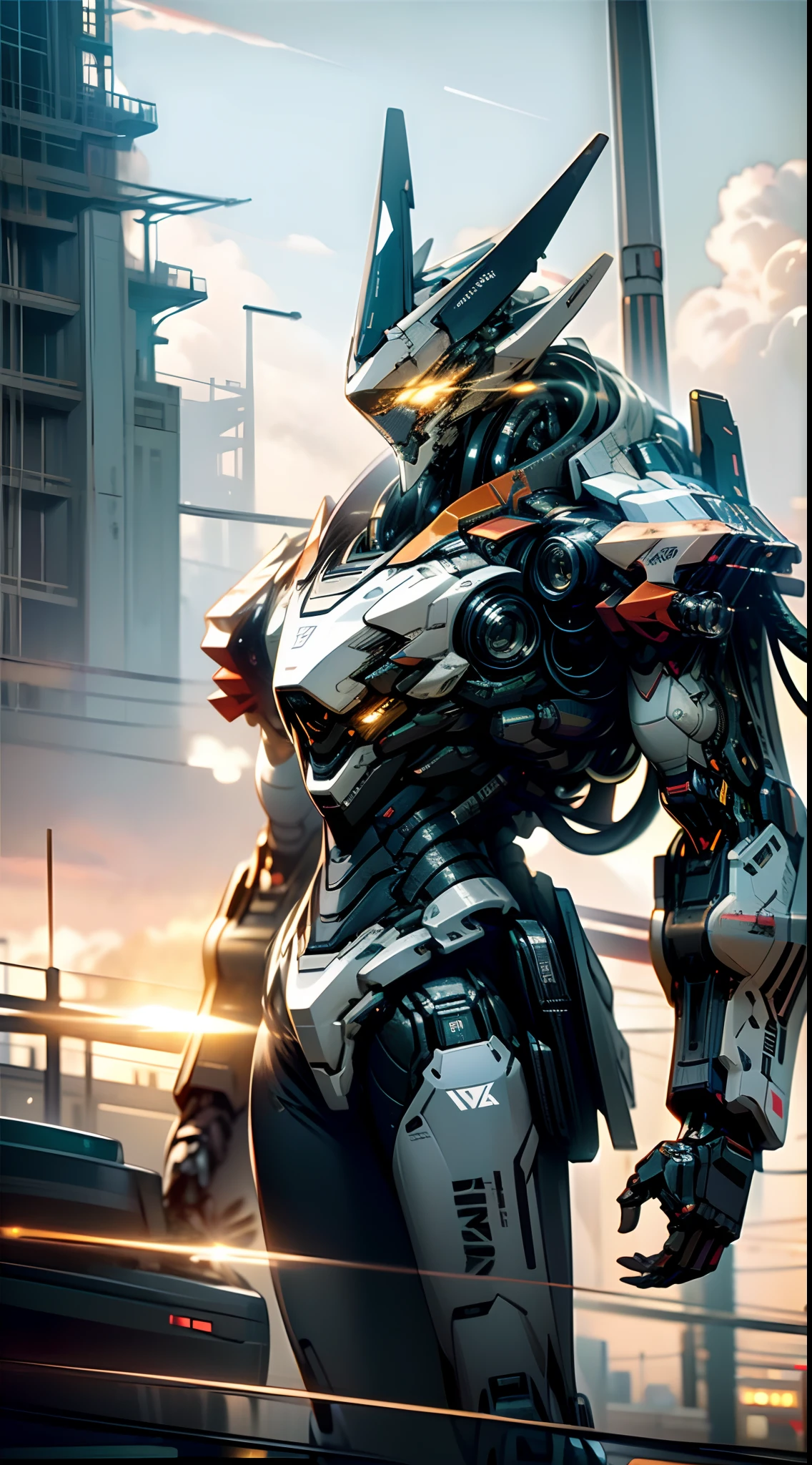 <lora:StealthMecha:1>, sky, cloud, holding_weapon, no_humans, glowing, , robot, building, glowing_eyes, mecha, science_fiction, city, realistic, female mecha with huge metal breasts <lora:germanbreasts:1.2>