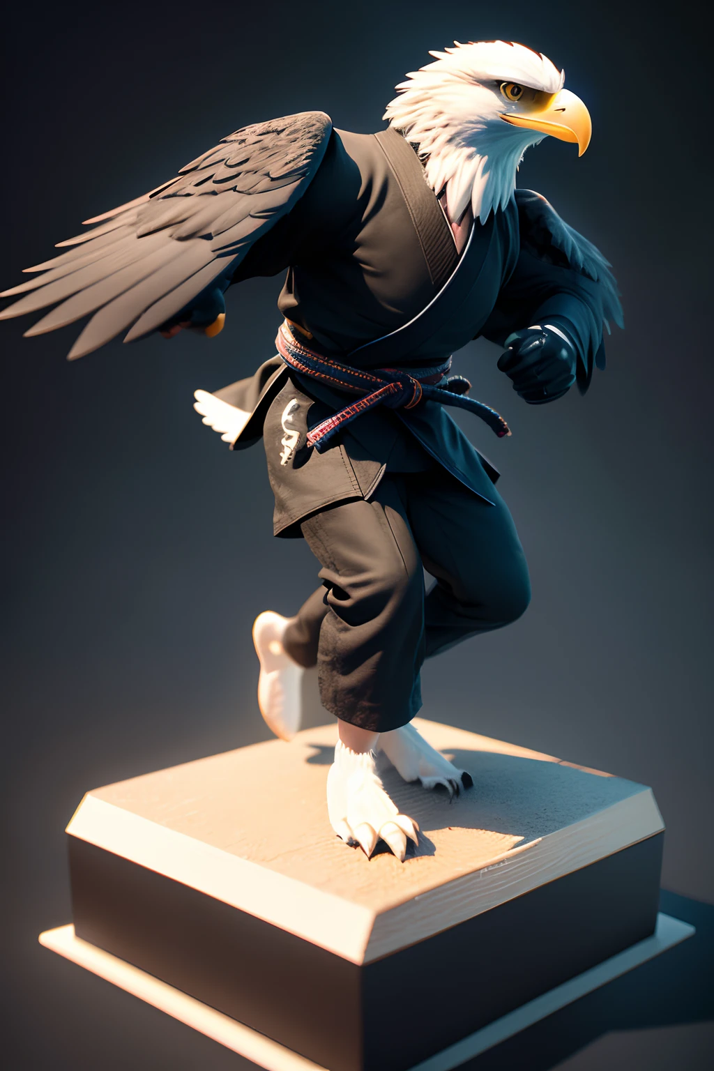 Create a 3d children's mascot of an eagle using jiujitsu kimono on a black background