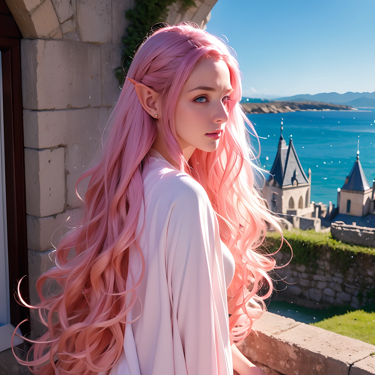 A Woman, long curly hair, pink hair, blue eyes, elf, wandering in the castle, Alone, Coast, castle, inside the castle
