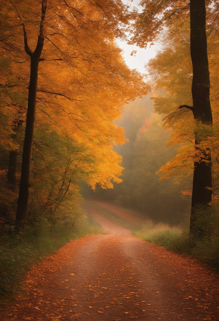 (autumn,fall), [tree leaves], [road], [colorful], [nature], [beautiful scenery], [vibrant colors], [tranquility], [peaceful atmosphere], [golden foliage], [rustling leaves], [crisp air], [serene], [picturesque landscape], [breathtaking view], [scenic route], [seasonal charm], [natural beauty], [idyllic scenery], [leaf peeping], [stunning colors], [tree-lined], [lush greenery], [sunlight filtering through the leaves], [shade and light], [harmony], [calmness], [walking path], [stroll in the park], [enchanting], [fall vibes], [nature's palette], [leaves dancing in the wind], [captivating], (best quality, 4k, highres), (realistic, photo-realistic), [fine art], [classic painting], [impressionistic style], [landscape photography], [aerial perspective], [soft color tones], [subtle lighting], [ethereal atmosphere], [majestic], [visual poetry]
