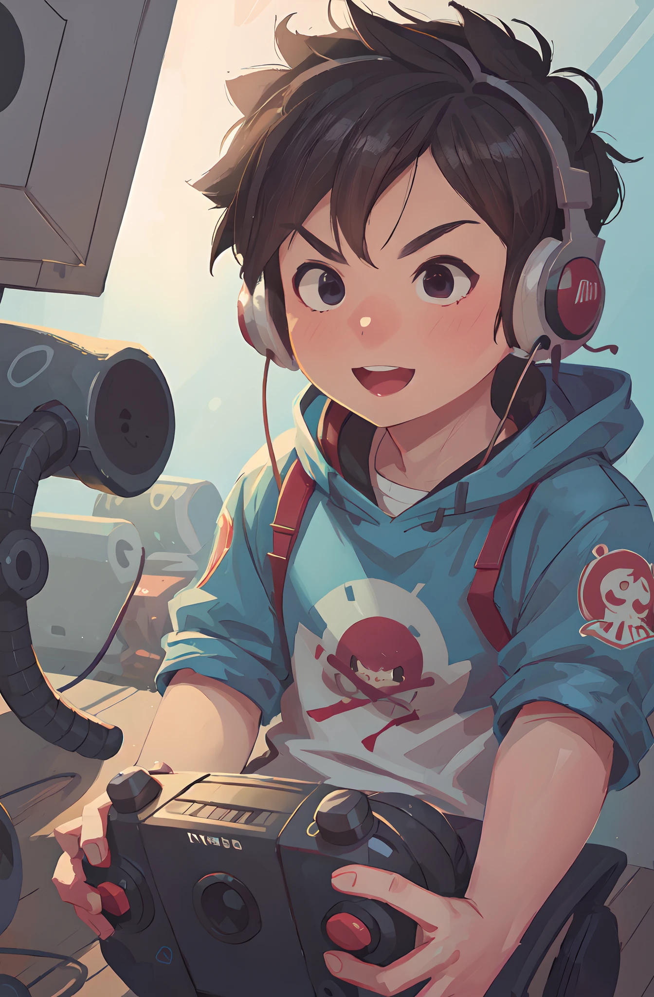 vetor,Chibi boy head with gamer headphones,playful expression,cabelo preto elegante,glow eyes Smiling lips, Fundo com tema gamer aqul escuro