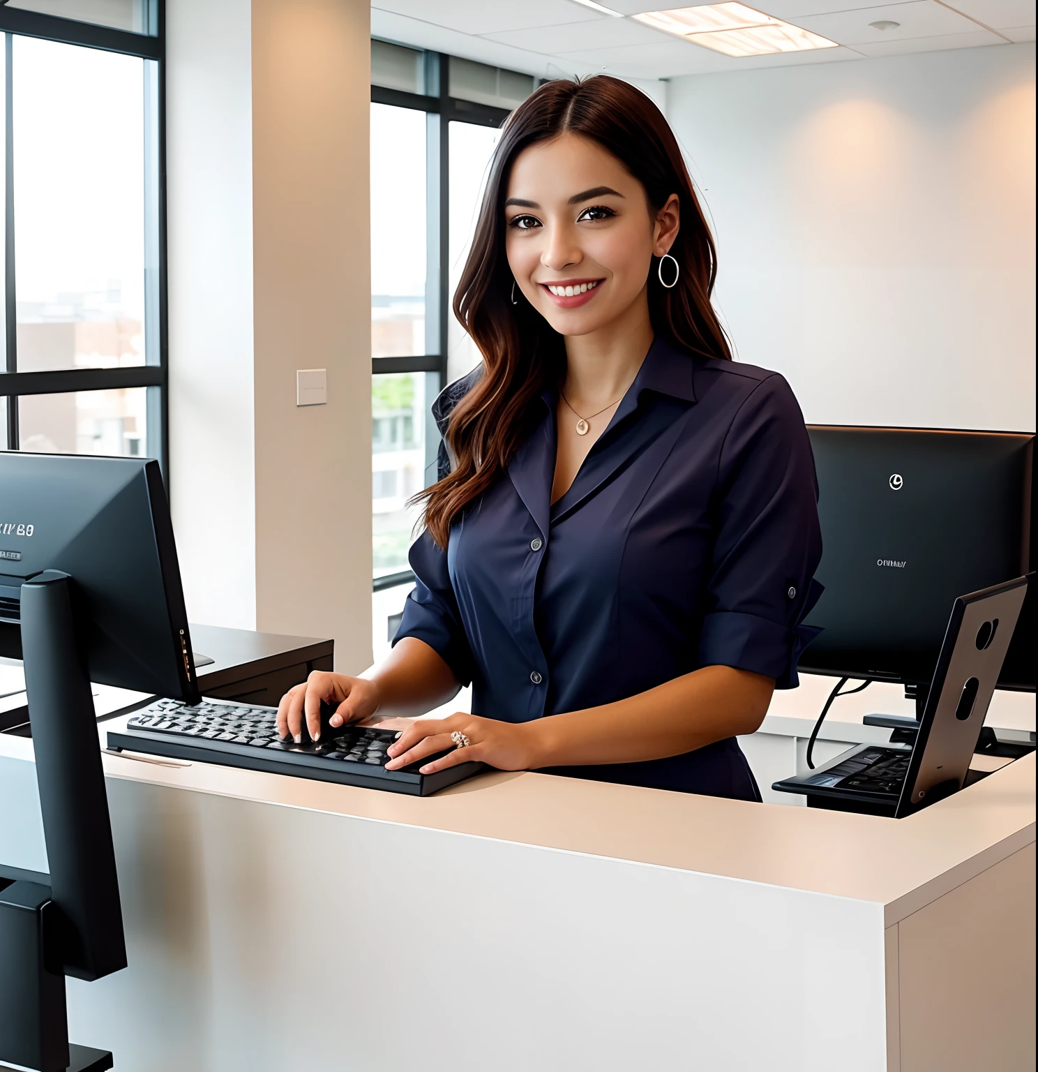 a welcoming receptionist, beautiful detailed eyes, bright smile, confident posture, elegant attire, professional appearance, friendly attitude, helpful and approachable, sitting at a front desk, well-organized workspace, modern office environment, natural sunlight streaming in, clean and minimalist design, welcoming ambiance, warm color palette, soft and diffused lighting, vibrant atmosphere, high-res image, realistic rendering, attention to facial features, well-defined eyebrows, flawless skin tone, sophisticated hairstyle, state-of-the-art technology, modern computer and keyboard, professional telephone system, polished reception counter, branded company logo, sleek nameplate, comfortable waiting area, stylish furniture, fresh flower arrangement, artful wall decor, spacious and open layout, bustling office activity, warm and inviting smile