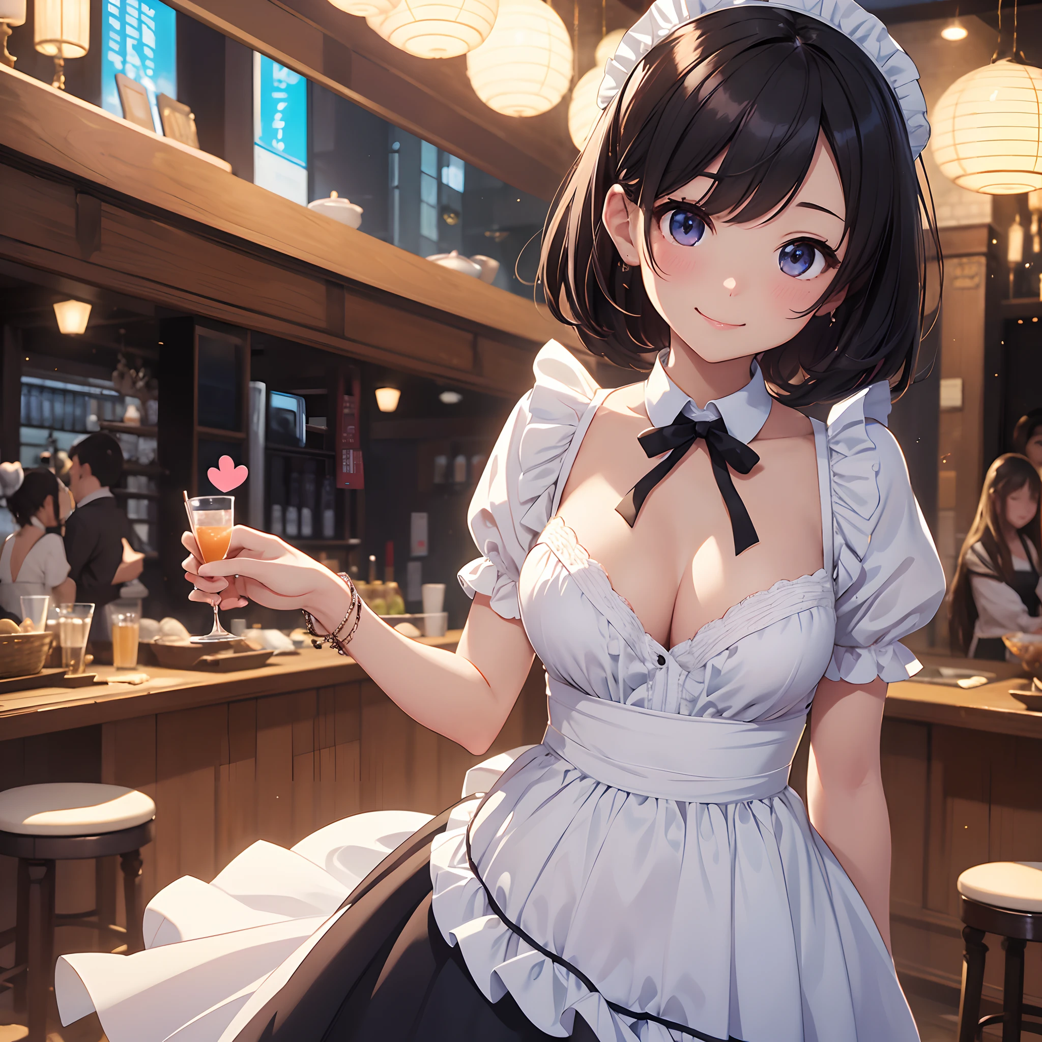 ​masterpiece、kawaii faces、Solo style、girl with、Shorthair、Lots of hearts in the background、Flying Love Heart、maid clothes、Backshots、Beauty in return、Charming、Maid looking back、Waitress carrying drinks、blusher、2D Enhancement、lip、Childish impression、moderately sized breasts、A smile that cheers everyone up、Hold out your palm to me、There is a pillar of light that rises into the sky、The pillar of light is made up of many rings of light.、Both hands are in a posture of enthusiasm、Light particles bounce off、Detailed background depiction、Realistic background depiction、