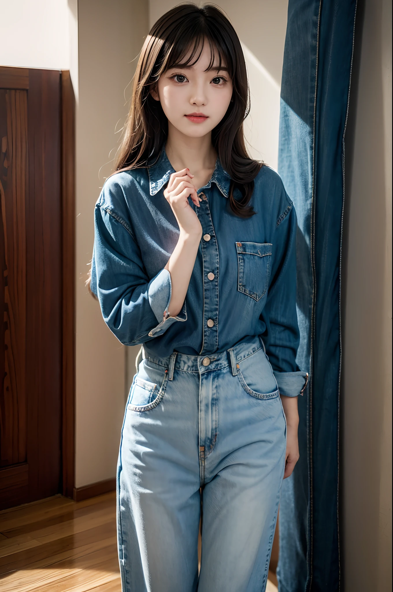 there is a woman standing in a room with a remote, taken with canon 8 0 d, ruan cute vtuber, kawaii shirt and jeans, chiho, taken with canon eos 5 d mark iv, wan adorable korean face, she has a cute expressive face, e-girl, e - girl, sakimichan, captured on canon eos r 6