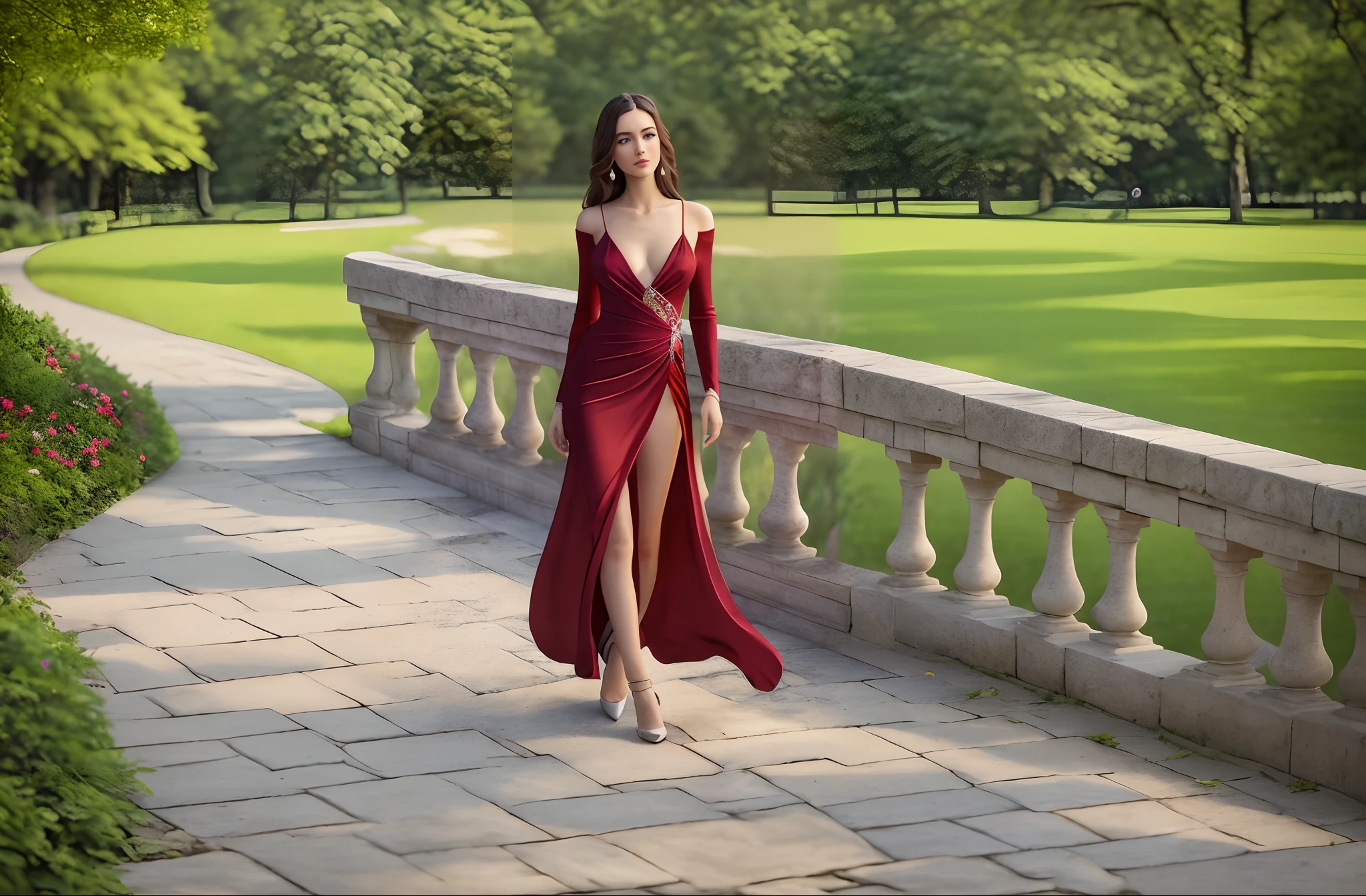 (best quality,4k,highres,masterpiece:1.2),ultra-detailed,realistic,female princes,beautiful detailed eyes,beautiful detailed lips,longeyelashes,golden crown,flowing dress,royal elegance,sparkling jewelry,enchanted forest background,lush greenery,serene atmosphere,sunlight filtering through trees,soft breeze,peaceful birds chirping,colorful flowers blooming,harmonious color palette,impressionist painting style,soft pastel tones,subtle lighting effects, Beautiful female princes walking on a stone path in a park
