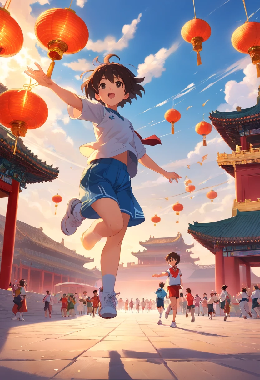 In front of the Forbidden City, In the distance, Children in basketball uniforms cheering,Lanterns float in the air,Doves of peace are flying,national day,The overall picture is located in the lower center