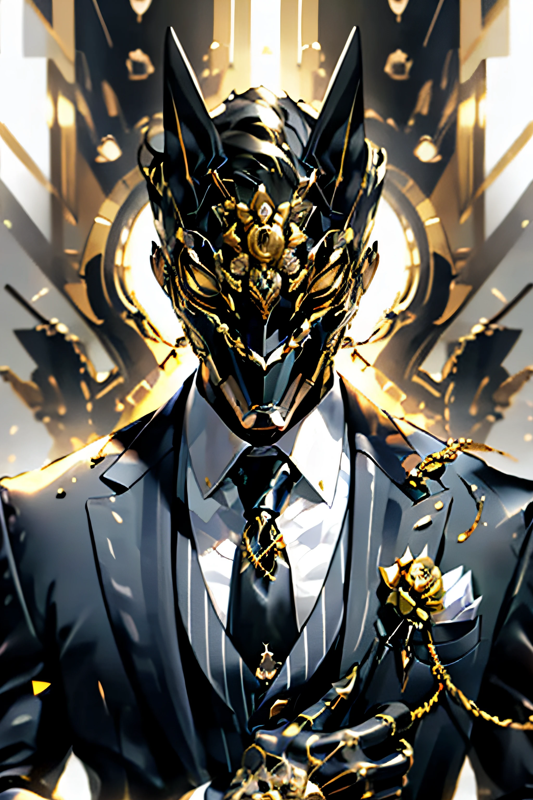 Henshin, solo, looking_at_viewer, shirt, gloves, long_sleeves, 1boy, jacket, white_shirt, upper_body, flower, male_focus, necktie, black_gloves, collared_shirt, vest, black_jacket, mask, rose, chain, formal, ring, suit, facing_viewer, black_necktie, black_vest, straight-on, gold, black_suit, ultra realistic,32k,RAW photo,(high detailed skin:1.2), 8k uhd, dslr, soft lighting, high quality, film grain