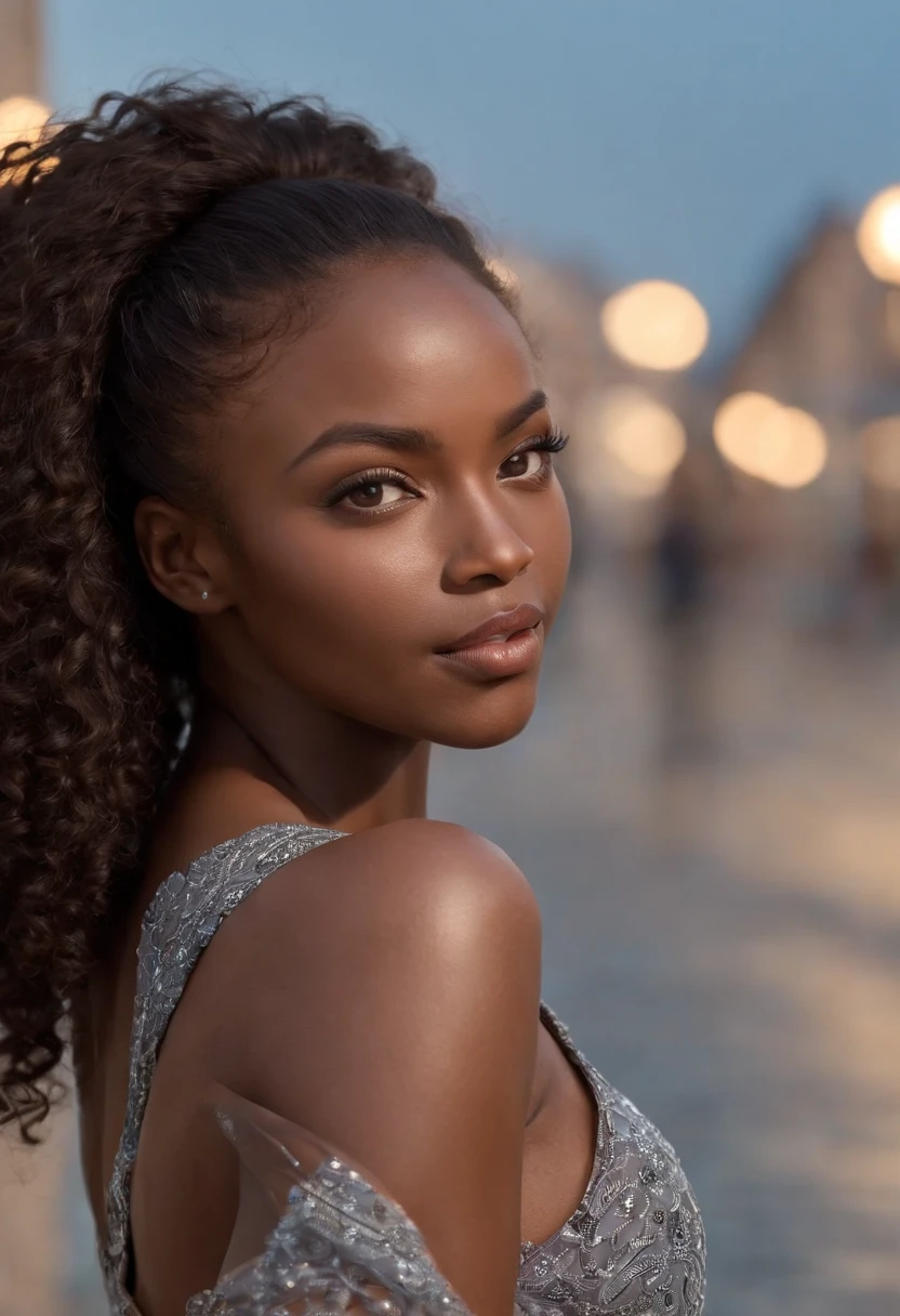 ((Dark African skin, Very deep ebony skin)), ((Its beauty is undeniable)), ((Excited cute face)), ((Hyper detailed perfect eyes,)), ((pose mignonne)), ((Langue sortie)), ((Seductive )), sexy, (( Tight mesh shirt, shorts courts sexy)), ((Afro ponytail with long African curly hair,)), (( peau)), ((debout, vue de face)), ((toucher ses propres jambes dans une pose sexy)), ((dehors, Ville publique)), Sharp Focus CGI, photoreallistic, High detail, Realstic, Masterpiece, absurdes, Best quality, Hdr, High quality, high-definition, Extremely detailed, 8k wallpaper, Intricate details, 8K UHD, Full-HD, (photo realist:1.2), contraste, intense illumination, lighting cinematic, natural lighting, veilleuse, Nuit, Illumination globale, Ambient occlusion at the beach, a la piscine