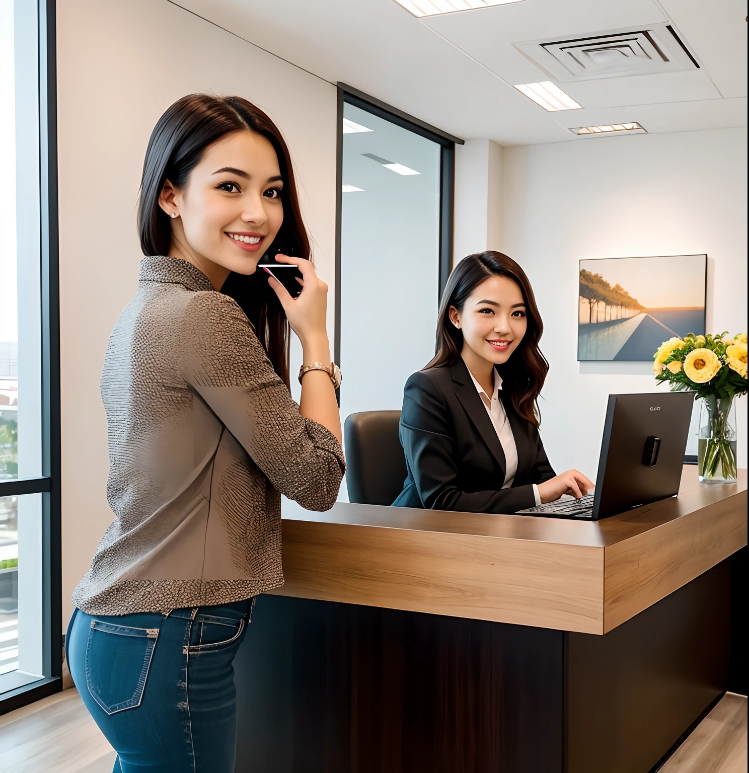 a welcoming receptionist, beautiful detailed eyes, bright smile, confident posture, elegant attire, professional appearance, friendly attitude, helpful and approachable, sitting at a front desk, well-organized workspace, modern office environment, natural sunlight streaming in, clean and minimalist design, welcoming ambiance, warm color palette, soft and diffused lighting, vibrant atmosphere, high-res image, realistic rendering, attention to facial features, well-defined eyebrows, flawless skin tone, sophisticated hairstyle, state-of-the-art technology, modern computer and keyboard, professional telephone system, polished reception counter, branded company logo, sleek nameplate, comfortable waiting area, stylish furniture, fresh flower arrangement, artful wall decor, spacious and open layout, bustling office activity, warm and inviting smile