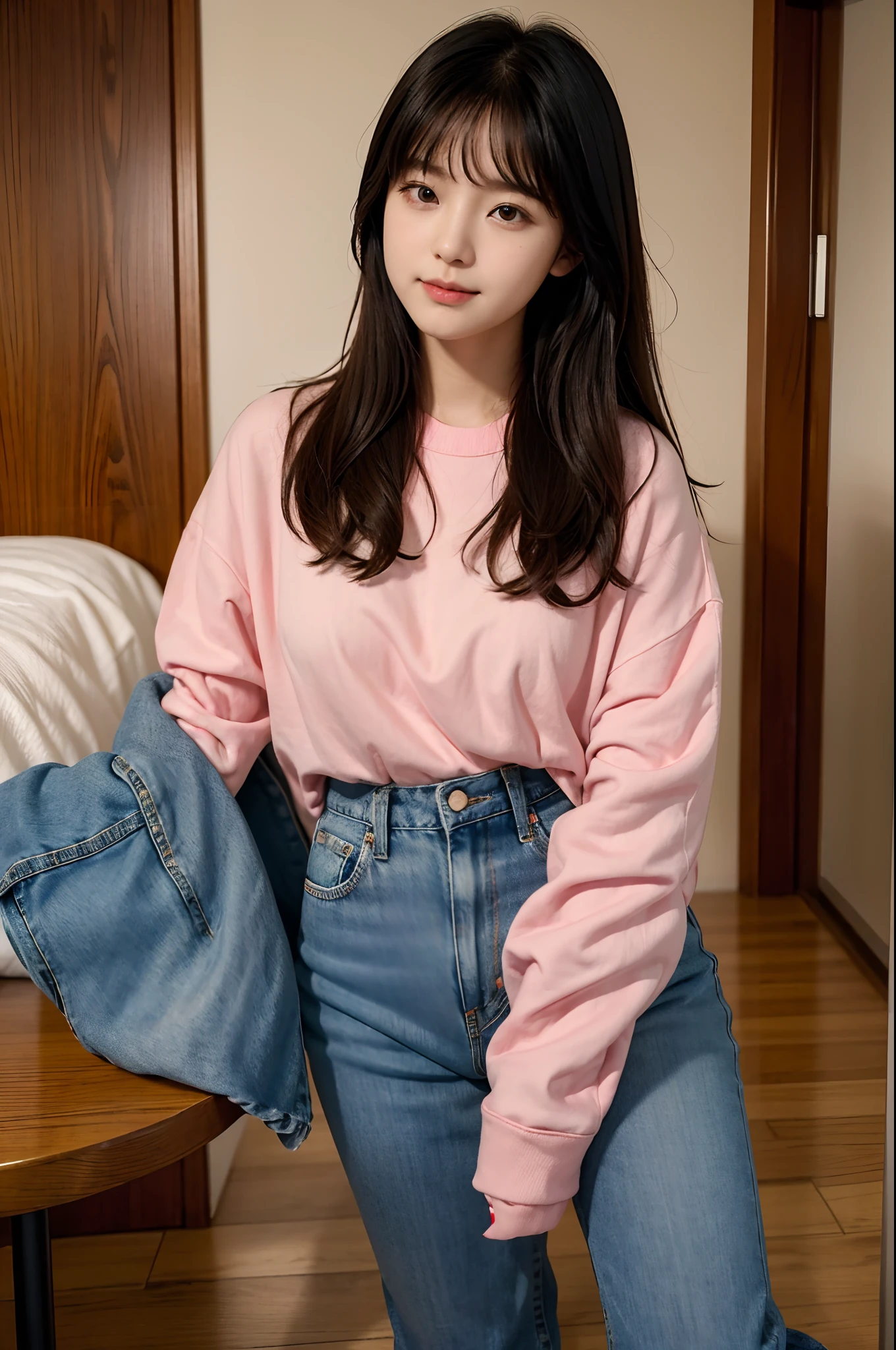 there is a woman standing in a room with a remote, a picture inspired by Kim Jeong-hui, unsplash, realism, ruan cute vtuber, taken with canon 8 0 d, kawaii shirt and jeans, chiho, taken with canon eos 5 d mark iv, wan adorable korean face, she has a cute expressive face, e-girl, e - girl