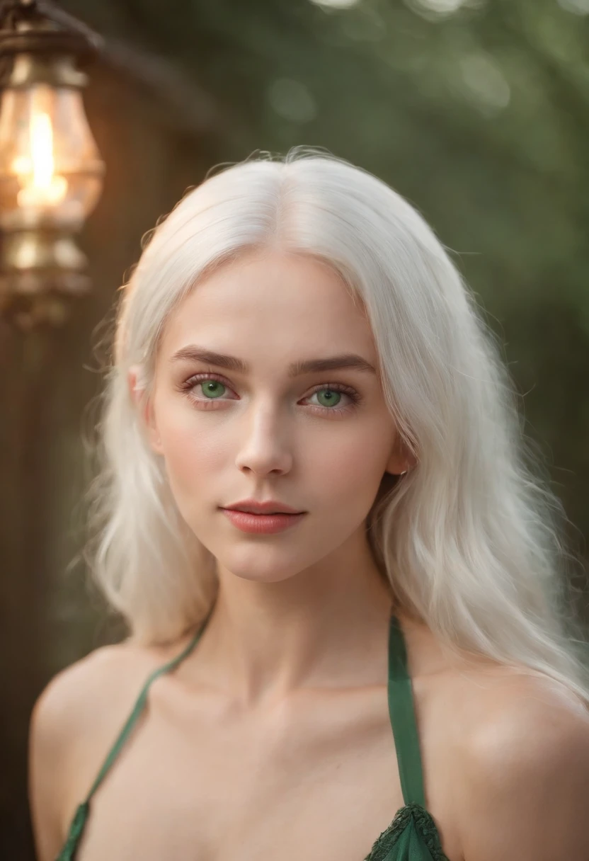 ( fair complexion, woman around 19 years old, natural white hair, distinctive green eyes, wearing bathing suit, slender and graceful, beautiful, candlelight in an intimate setting, ultra sharp focus, realistic shot, medieval female clothes, tetradic colors