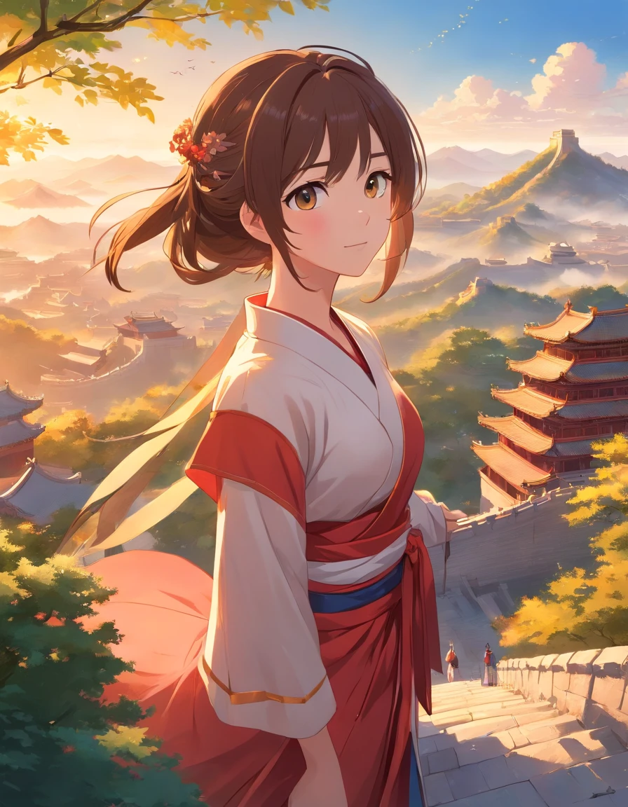 Ancient painting giant pen, Poetic, beijing, Great Wall of China, closeup cleavage, Gradient, Golden architecture, Matte red background, Trees and emperors decorate paradise