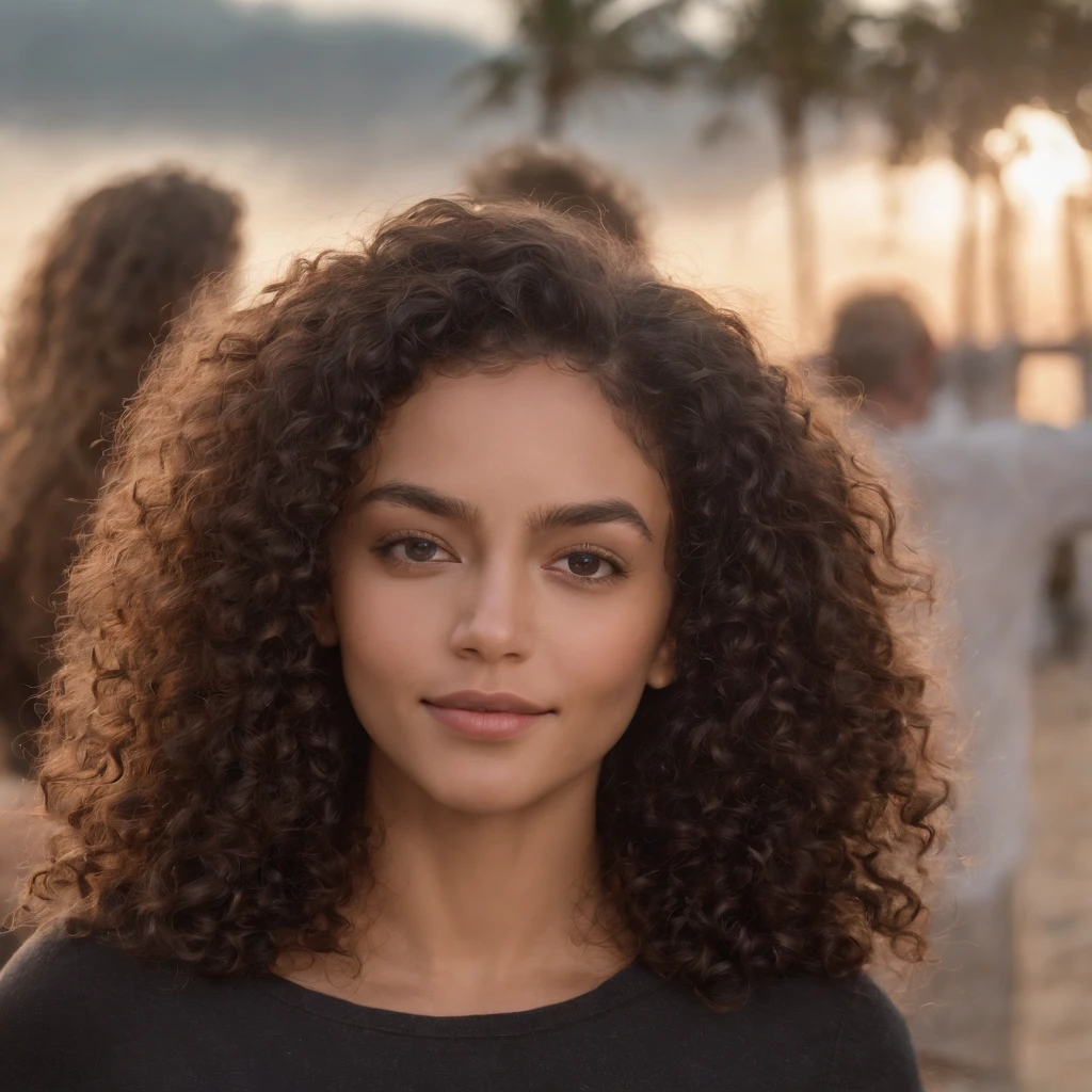1 femme noire, photo realist, Detailed face, Rue vide, very high detail, curly hair, profondeur de champ, cheveux noirs, , corps entier, poil pubien, Souriant, a la plage.