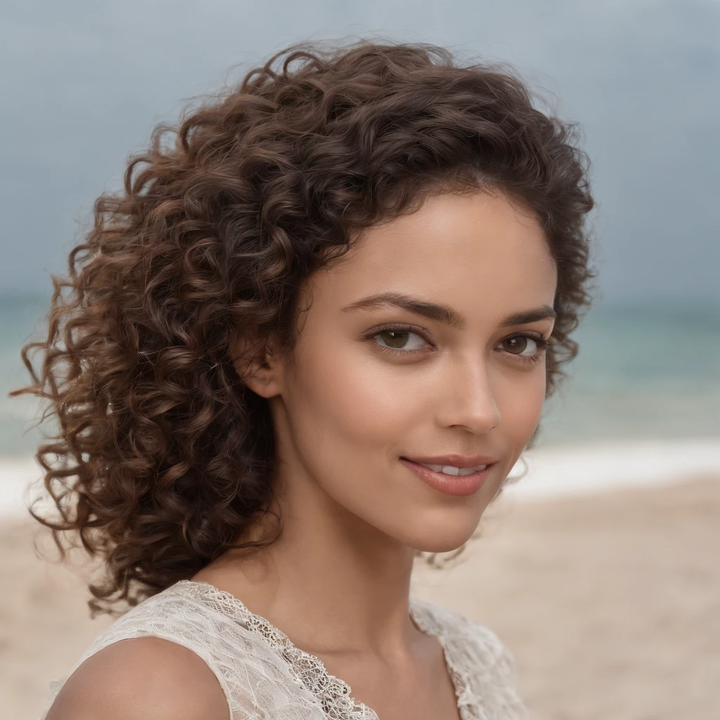 1 femme noire, photo realist, Detailed face, Rue vide, very high detail, curly hair, profondeur de champ, cheveux noirs, , corps entier, poil pubien, Souriant, a la plage.