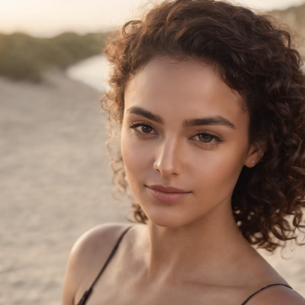 1 femme noire, photo realist, Detailed face, Rue vide, very high detail, curly hair, profondeur de champ, cheveux noirs, , corps entier, poil pubien, Souriant, a la plage.