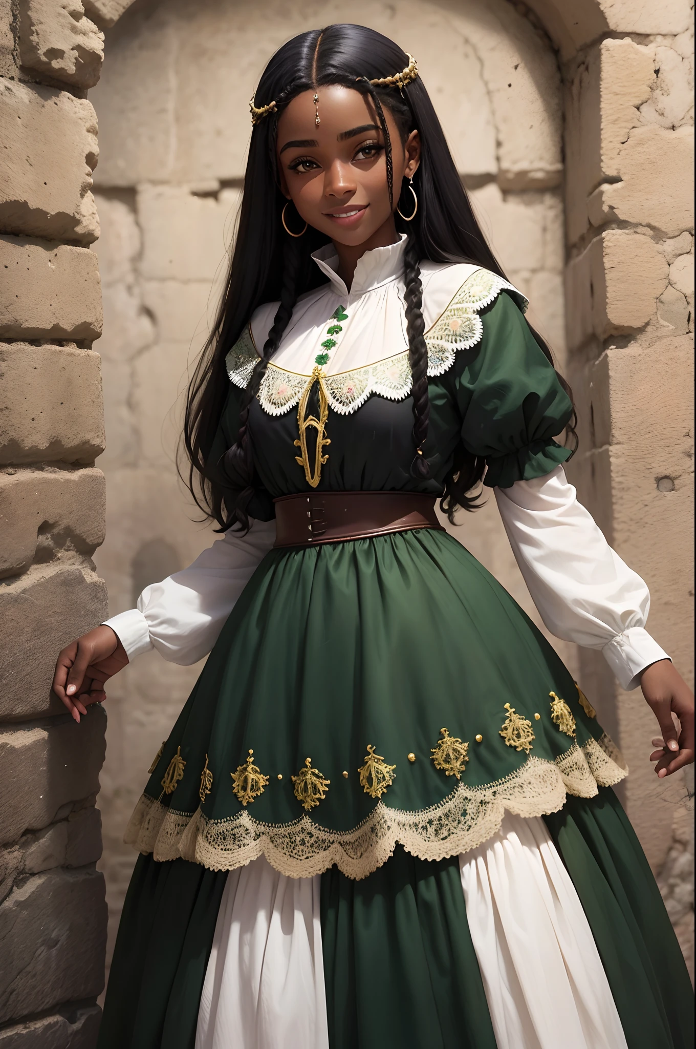 Jovem garota. 11 anos. Pele negra. Cabelos longos pretos. Semblante sorridente. Vestido verde longo com detalhes brancos. Vilarejo com pessoas, tudo desfocado. Era medieval. Roupa longa. Roupa simples. Roupas decentes.