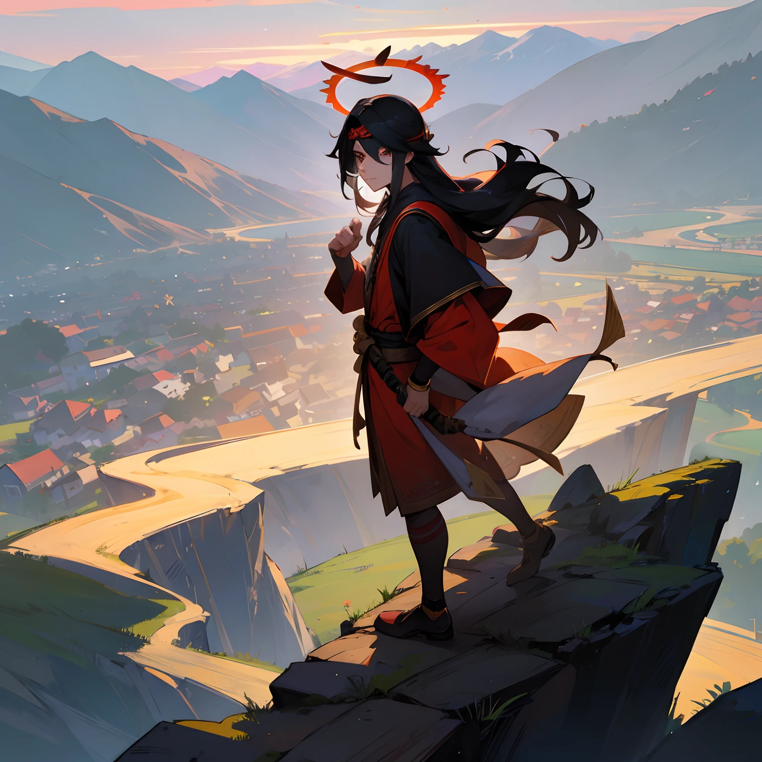1male, monkey king, layered hair, black hair, evil, standing on a cliff, overlooking village, one hand to the sky , halo , headband , magic crown