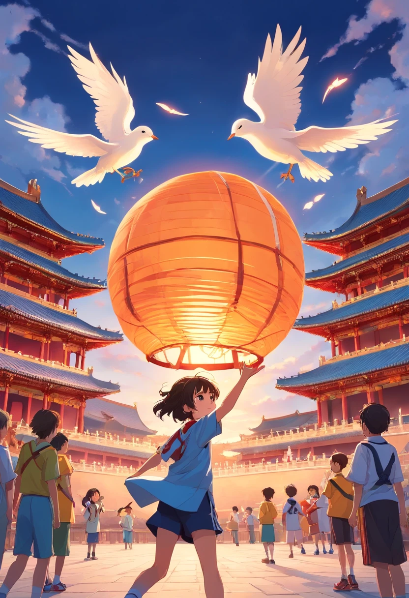 In front of the Forbidden City, In the distance, Children in basketball uniforms cheer,Lanterns float in the air,Doves of peace are flying,national day,The overall picture is located in the lower center