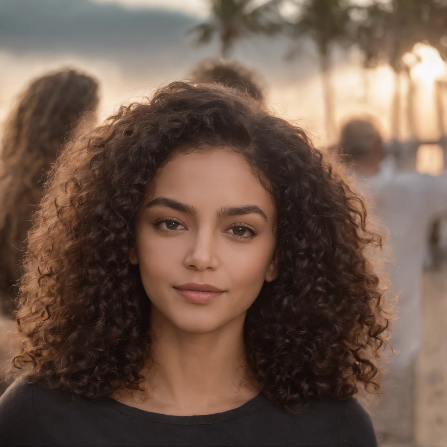 1 femme noire, photo realist, Detailed face, Rue vide, very high detail, curly hair, profondeur de champ, cheveux noirs, , corps entier, poil pubien, Souriant, a la plage.