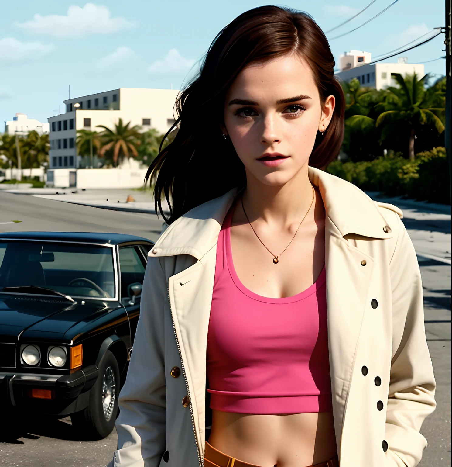 Emma Watson as a vigilante in the 1980s Miami-inspired world of GTA Vice City.