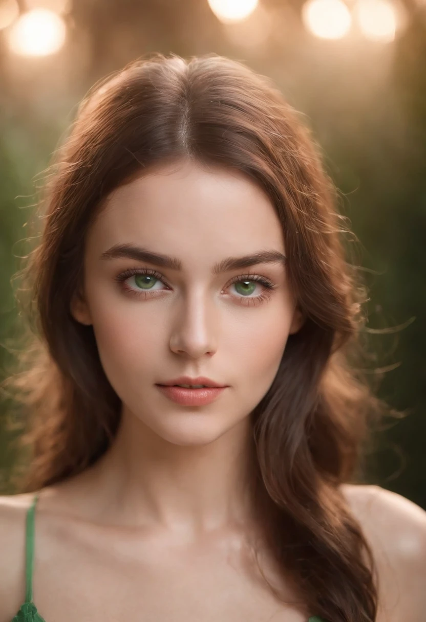 fair complexion, woman around 19 years old, natural brown hair, distinctive green eyes, wearing bathing suit, slender and graceful, beautiful, candlelight in an intimate setting, ultra sharp focus, realistic shot, medieval seductive clothing, revealing clothing, tetradic colors