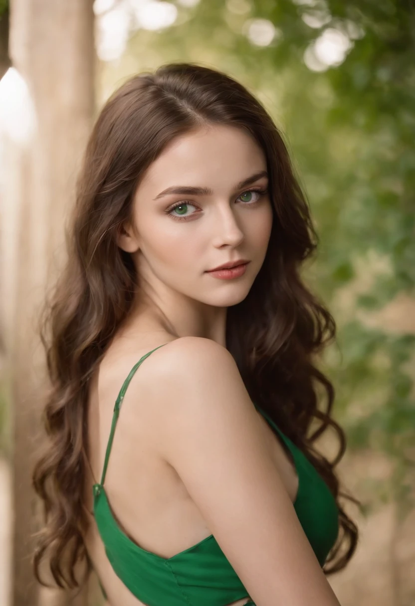 fair complexion, woman around 19 years old, natural brown hair, distinctive green eyes, wearing bathing suit, slender and graceful, beautiful, candlelight in an intimate setting, ultra sharp focus, realistic shot, medieval seductive clothing, revealing clothing, tetradic colors