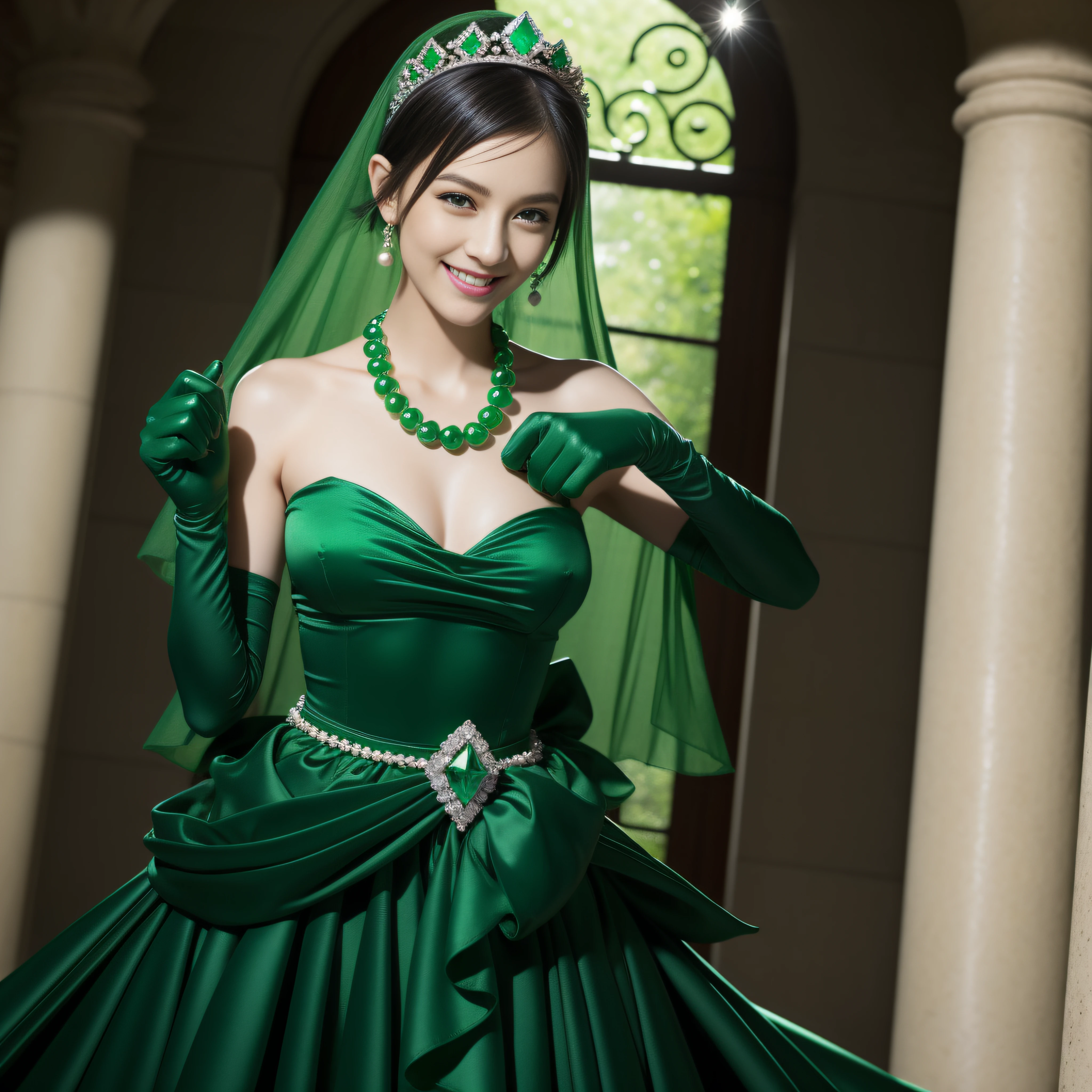 emerald tiara, Green Pearl Necklace, Boyish very short black hair, lipsticks, Japan woman smiling, very short short hair, fist, big breasts beautiful, Green eyes, Long green gloves made of satin material, Green eyes, Emerald Earrings